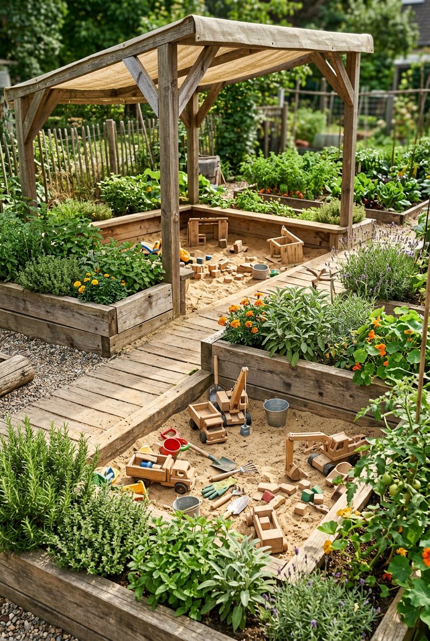 A creative builder’s sand play area with raised timber planters growing herbs and kid-friendly plants integrated around multiple interconnec.
