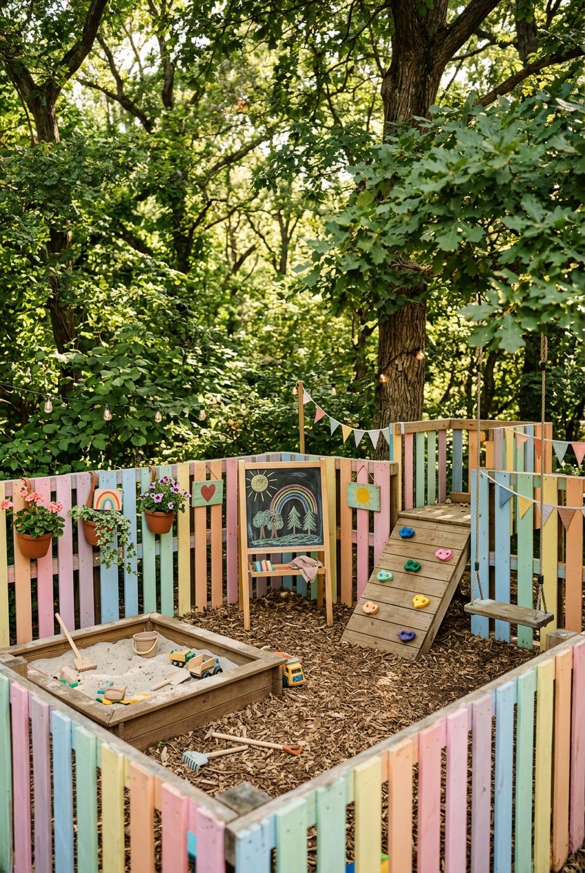 Portray a backyard play nook enclosed with DIY painted pallet fencing in pastel rainbow shades, offering a creative and eco-friendly aesthet.