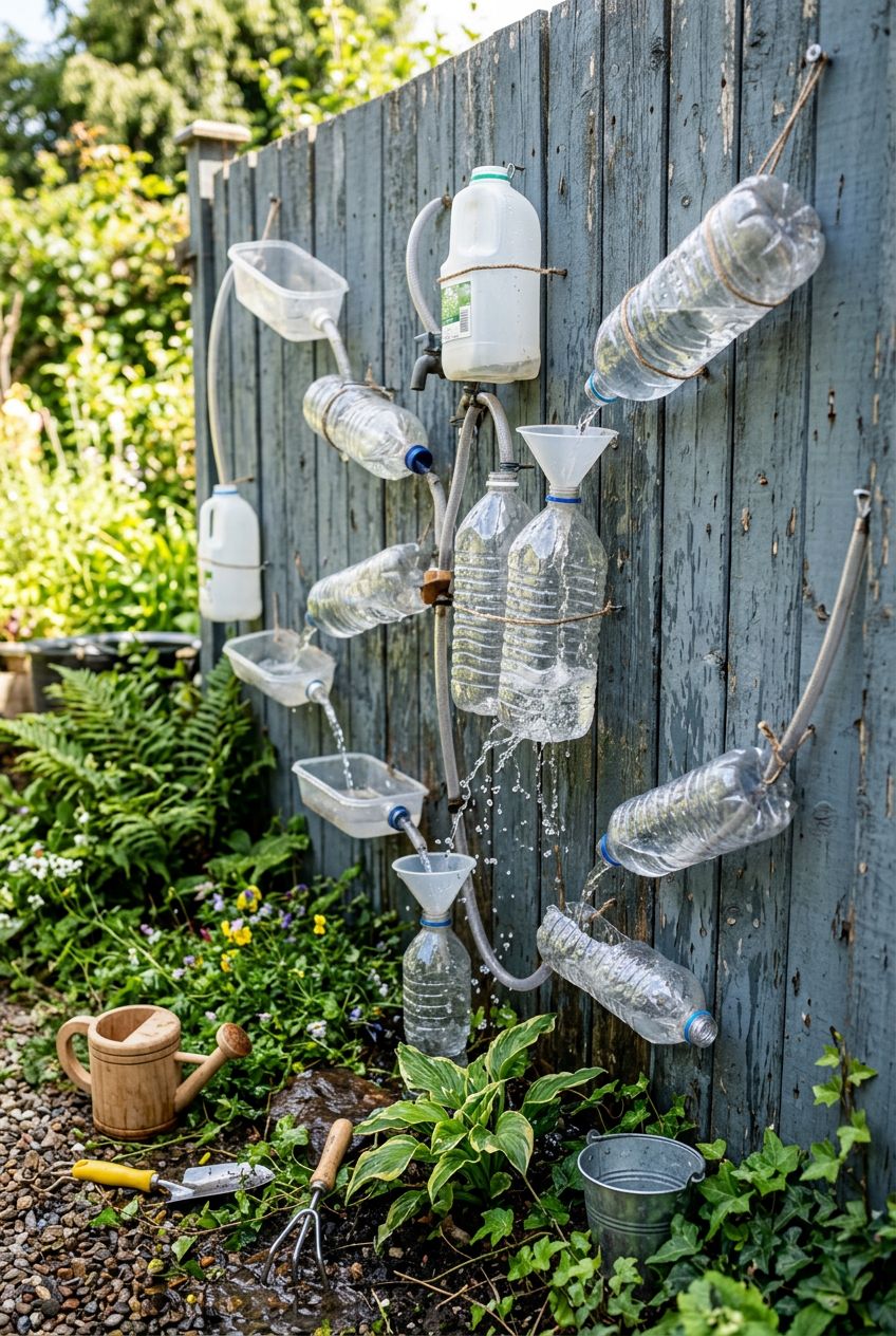 Capture an immersive sensory play experience with a DIY water wall mounted on a weathered wooden fence, created from recycled clear bottles.