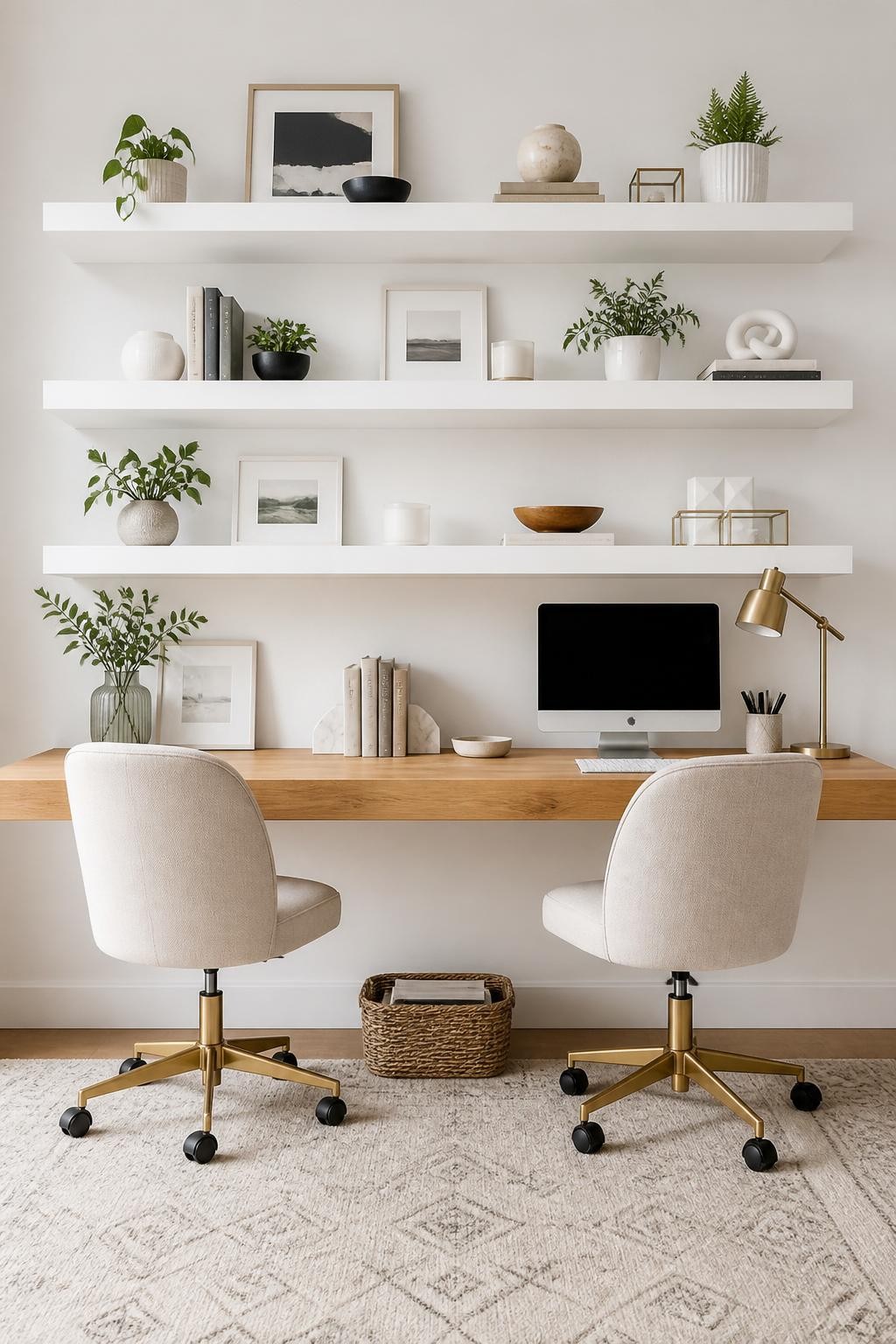 This bright, contemporary home office promotes a collaborative vibe, with a built-in double desk in warm wood beneath three strikingly bold.