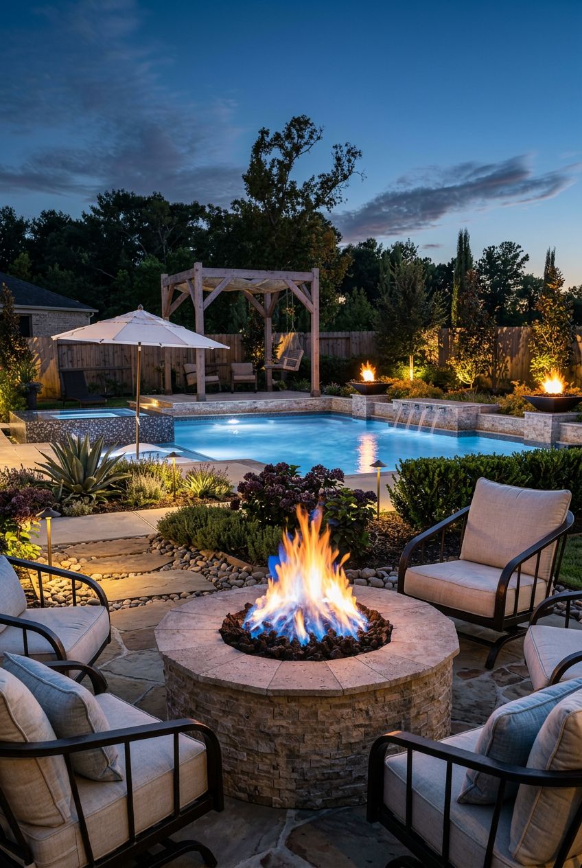 Depict a dramatic backyard ambiance at twilight, where a circular stone fire pit glows brightly in the foreground with comfortable, cushione.