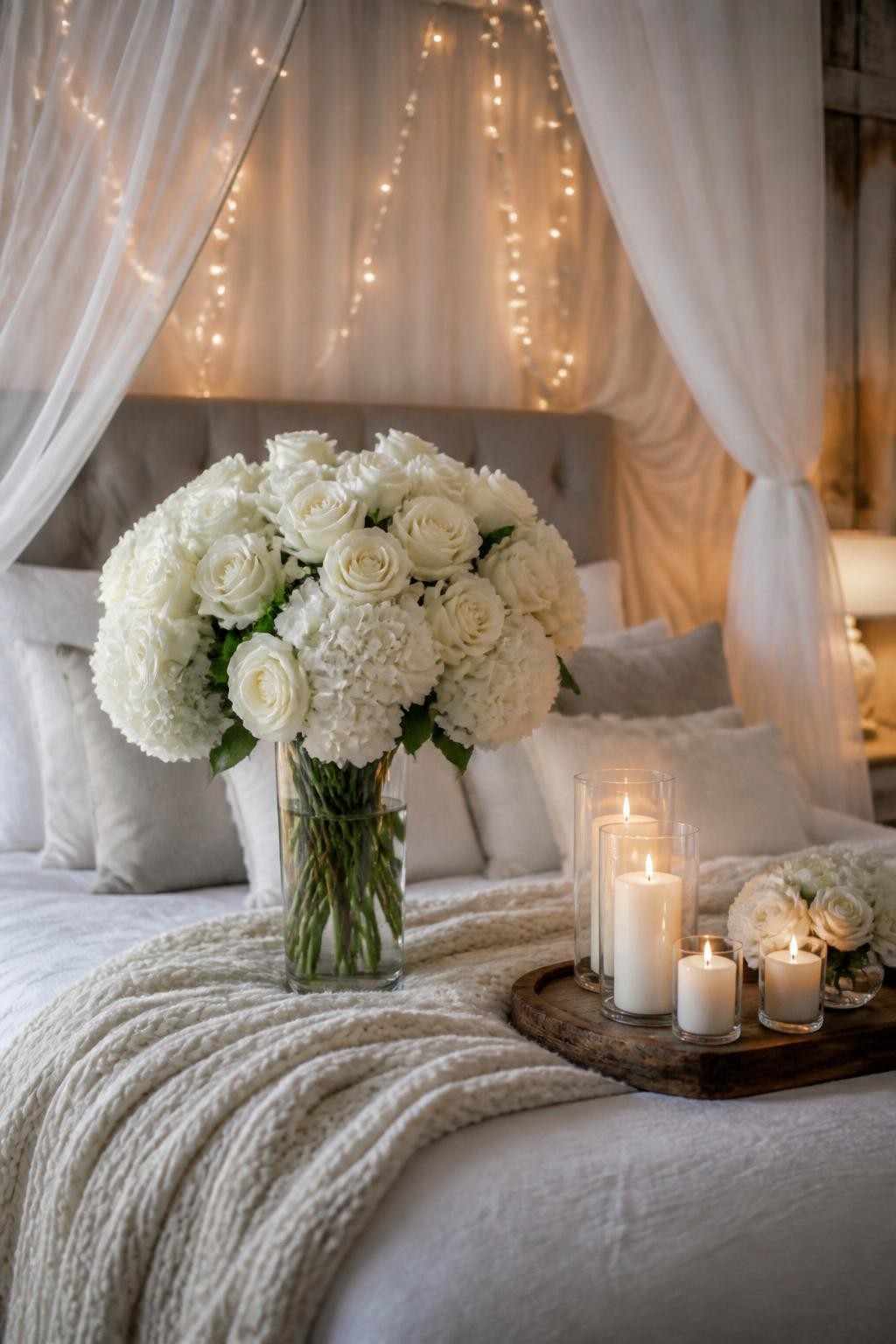 A romantic, ethereal bedroom with cascading sheer white drapes and twinkling fairy lights framing the bed, creating a dreamy, whimsical atmo.