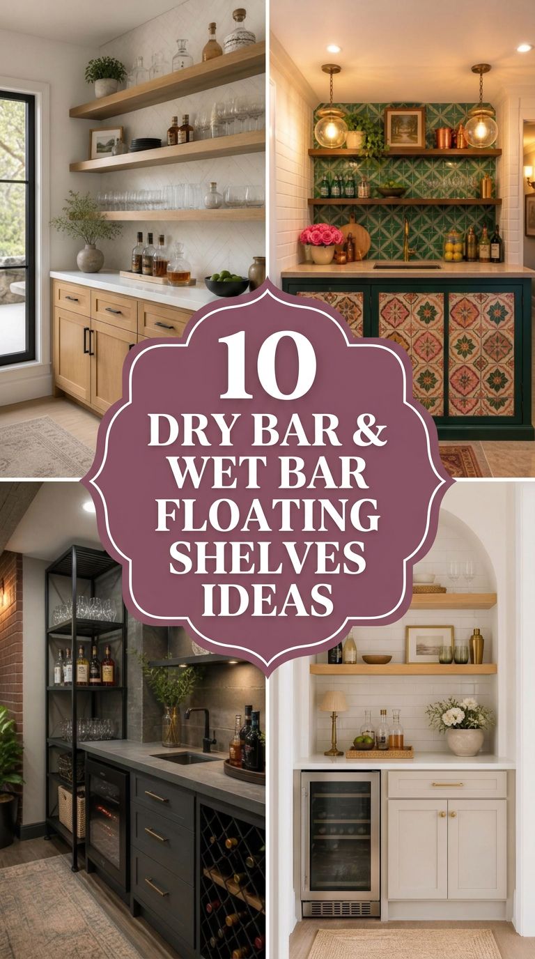 Pinterest banner for 10 Dry Bar & Wet Bar Floating Shelves Ideas for a Stylish Home