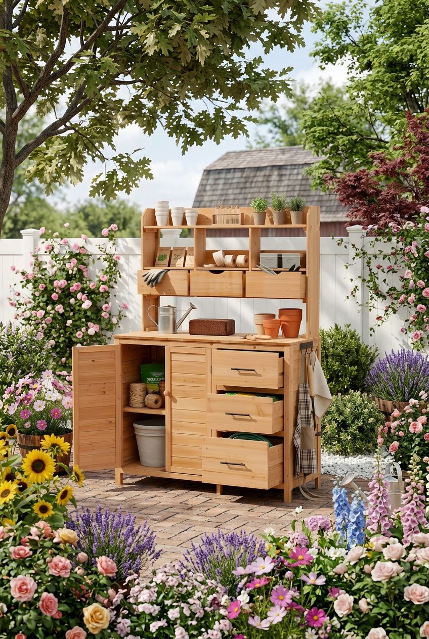Use the uploaded Eailaveo Farmhouse Patio Potting Bench exactly as the reference product, preserving its large, multi-drawer pinewood cabine.