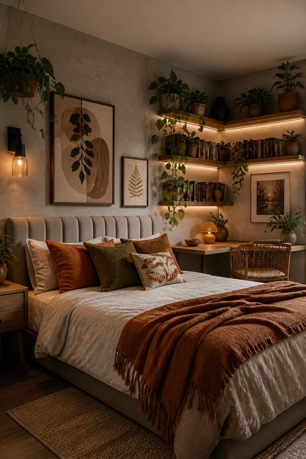 Earthy bohemian bedroom with floating corner wood shelves dotted above a soft taupe bed, adorned with cascading trailing plants, warm-toned.