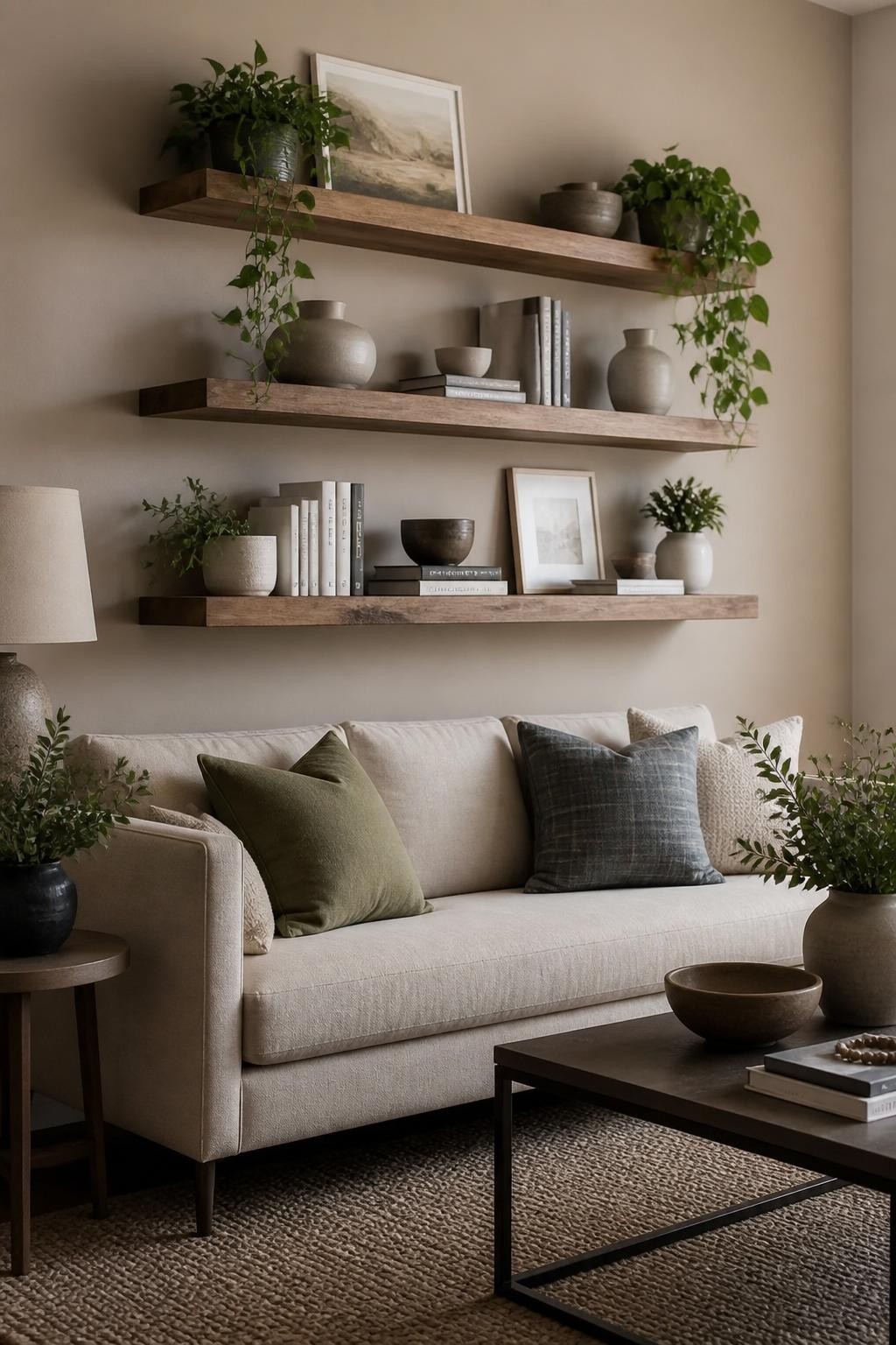 A contemporary living room with earthy tones and thick floating wood shelves that showcase an artful mix of trailing houseplants, organic po.