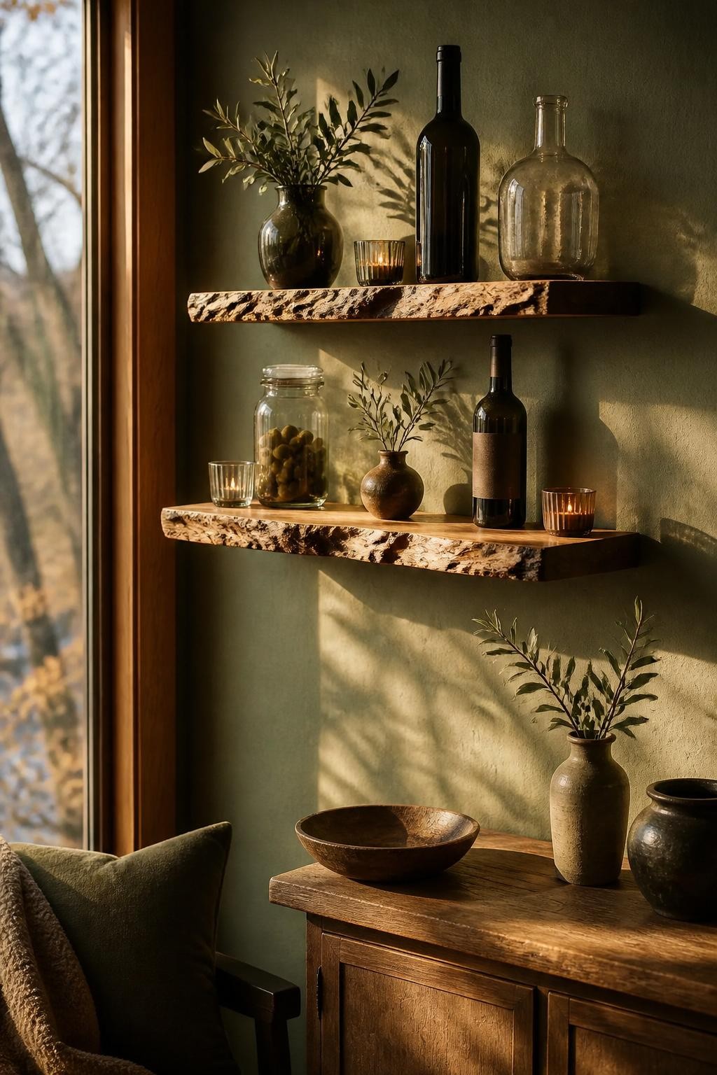 An earthy living space features two dramatic live edge wood floating shelves mounted on a warm sage green wall.