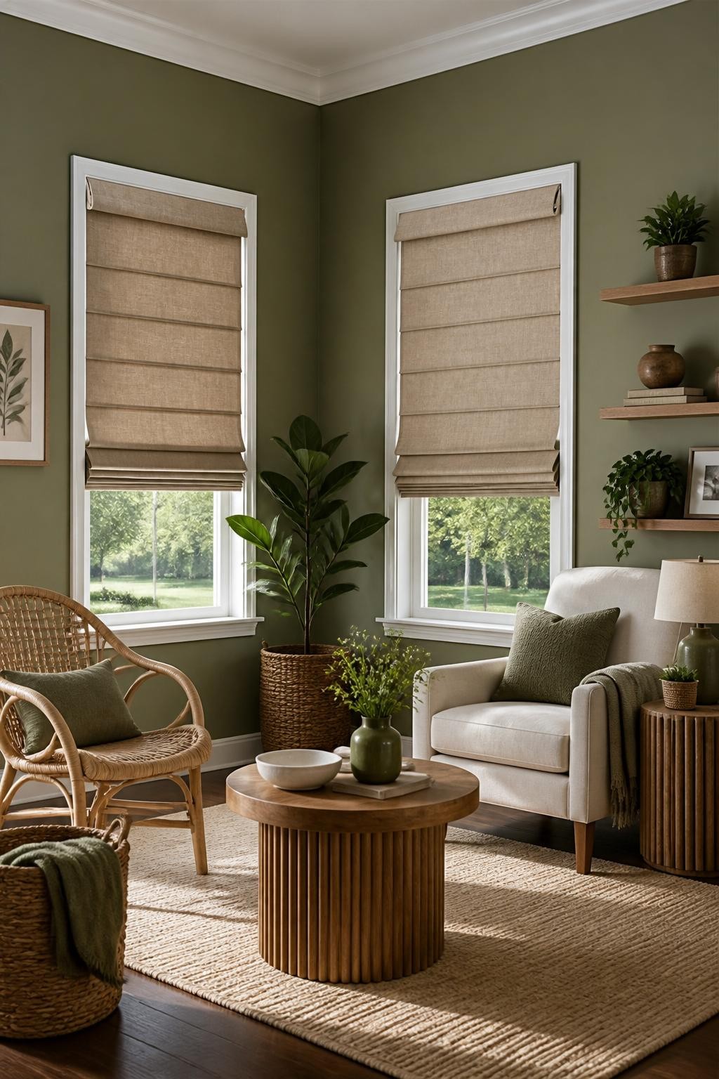 An earthy, inviting living nook highlighted by sage green walls and tailored tan Roman blinds on two large windows.