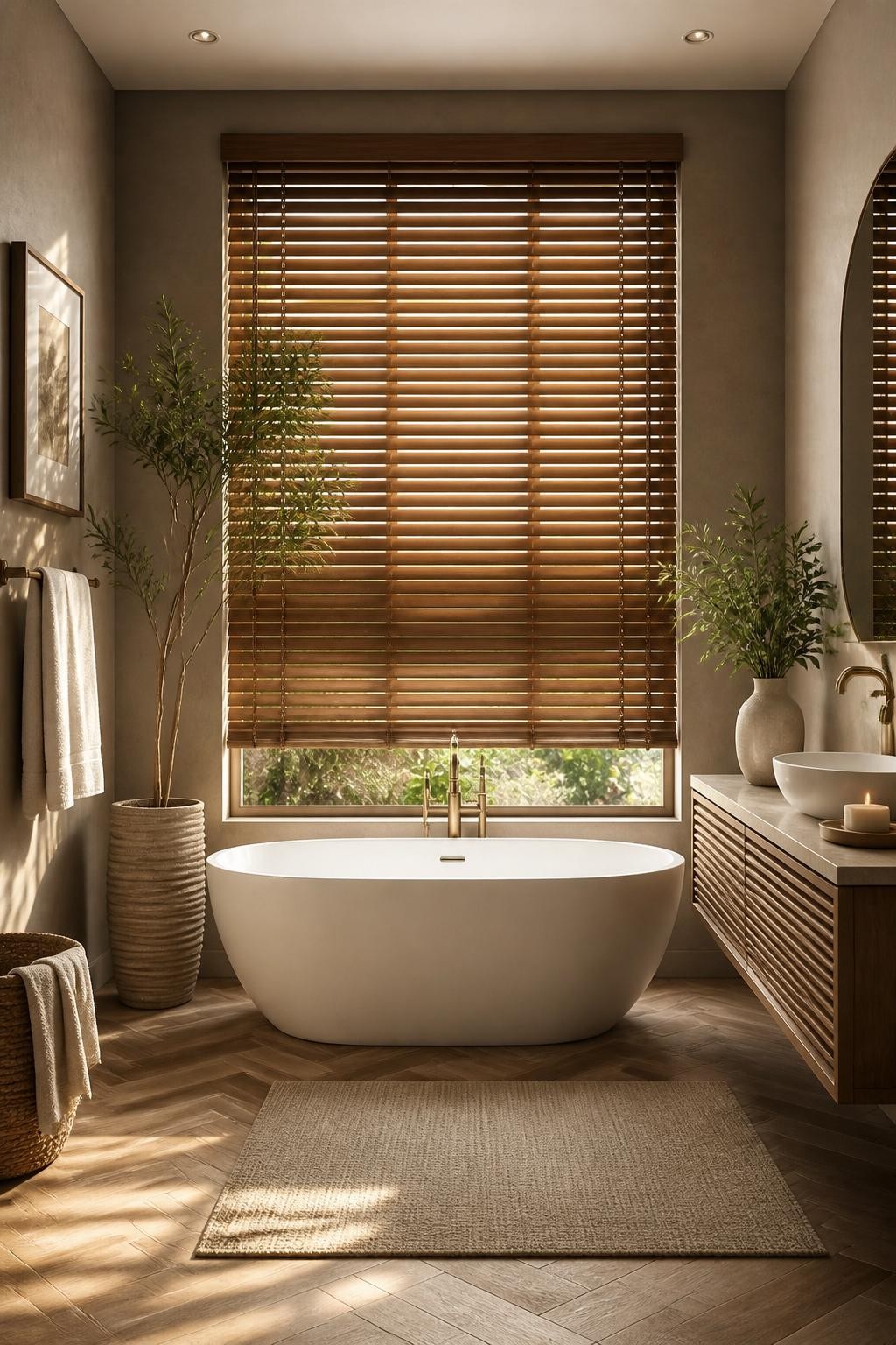 An upscale earthy luxe bathroom where a rich expanse of warm wood Venetian blinds covers a wide window above a streamlined oval soaking tub.