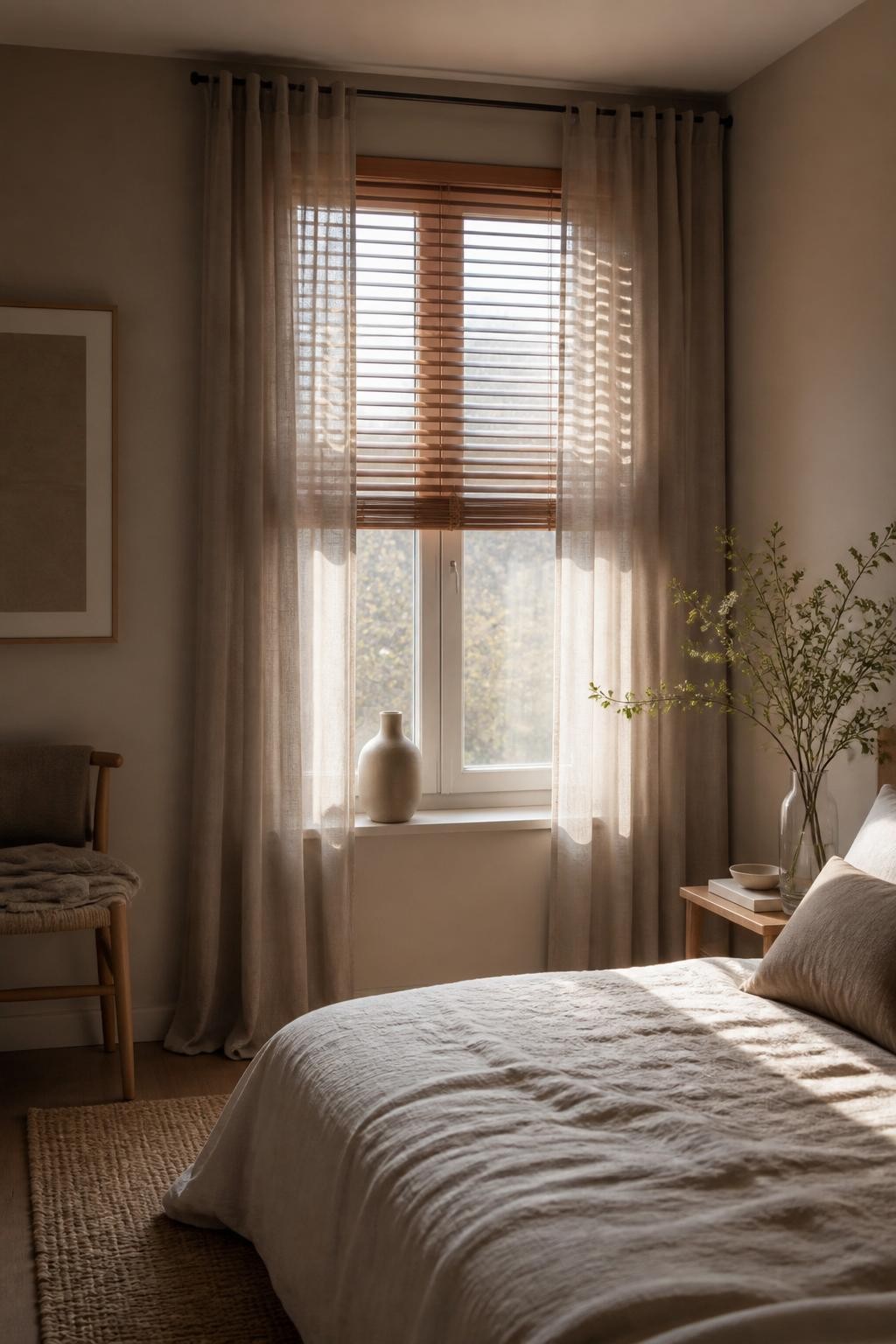 A minimalist bedroom with pale clay walls and a narrow window dressed in smooth wooden horizontal blinds and floor-length sheer curtains in.