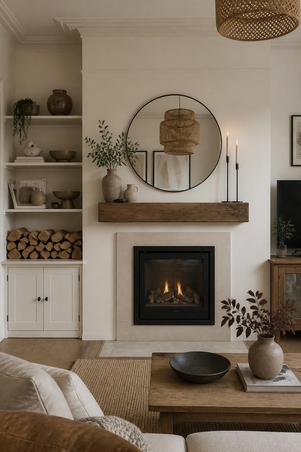 An earthy modern living room with a recessed fireplace, natural stone surround, and a chunky wood floating mantel shelf adorned with simple.