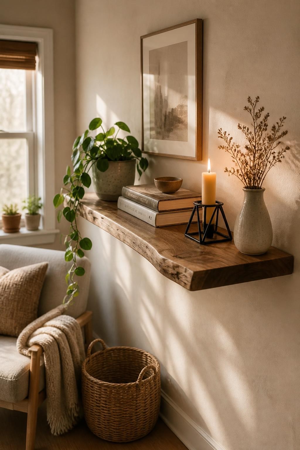 An earthy reading nook features a single thick, live-edge walnut floating shelf against a textured beige wall, lending the space rustic warm.