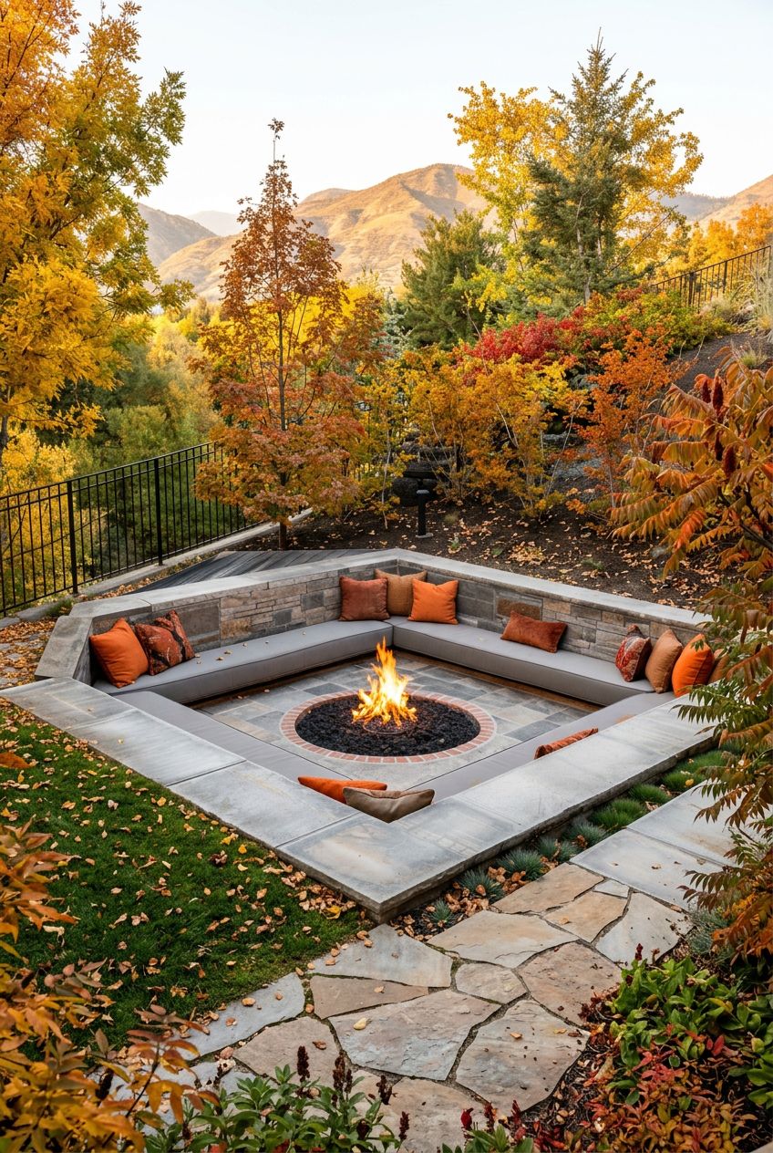 Showcase an earthy stone and concrete sunken fire pit, set into landscaped garden beds and surrounded by mature trees and vibrant foliage.