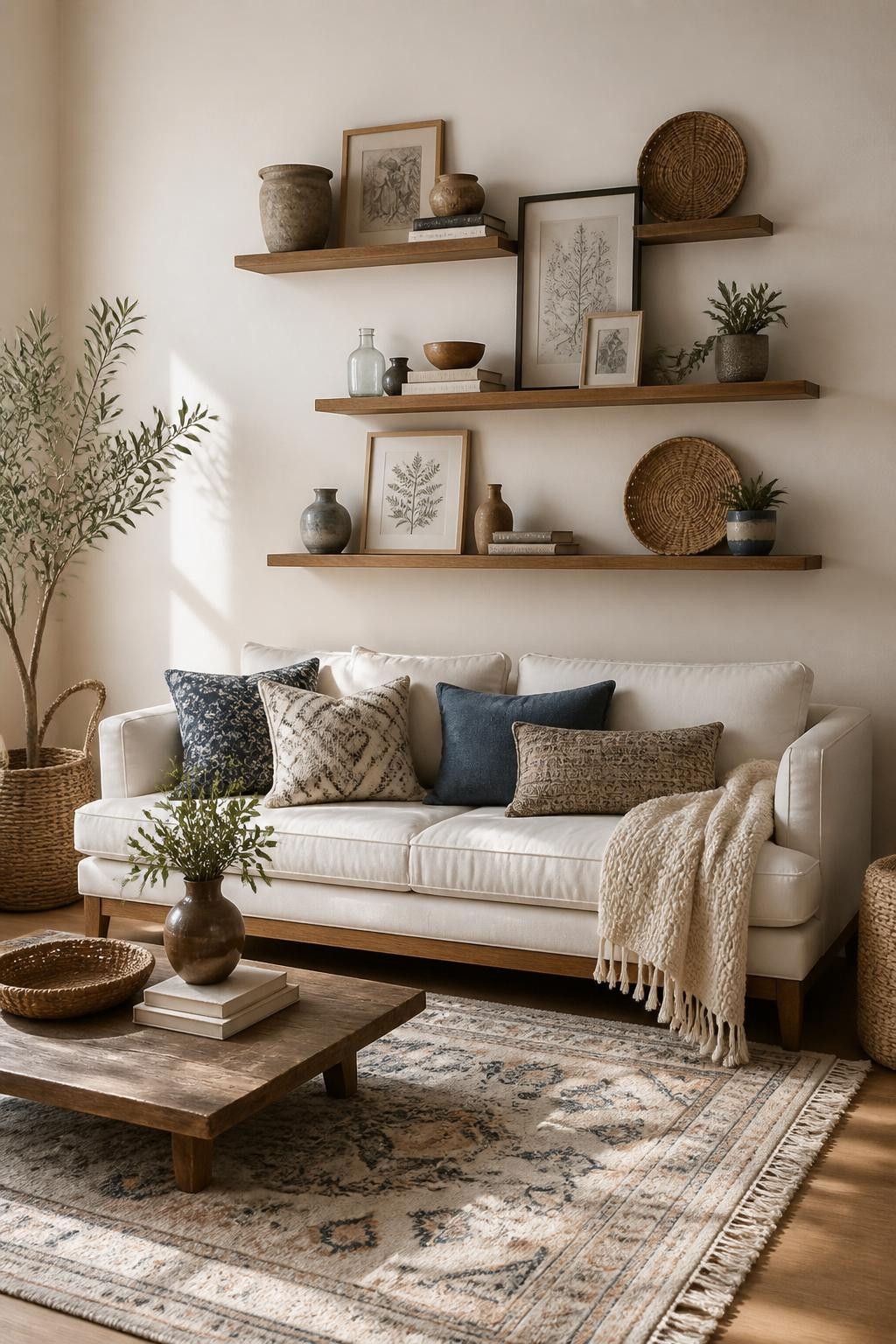 A cozy, eclectic living space with cream walls and floating shelves arranged in a staggered pattern above a classic white sofa.
