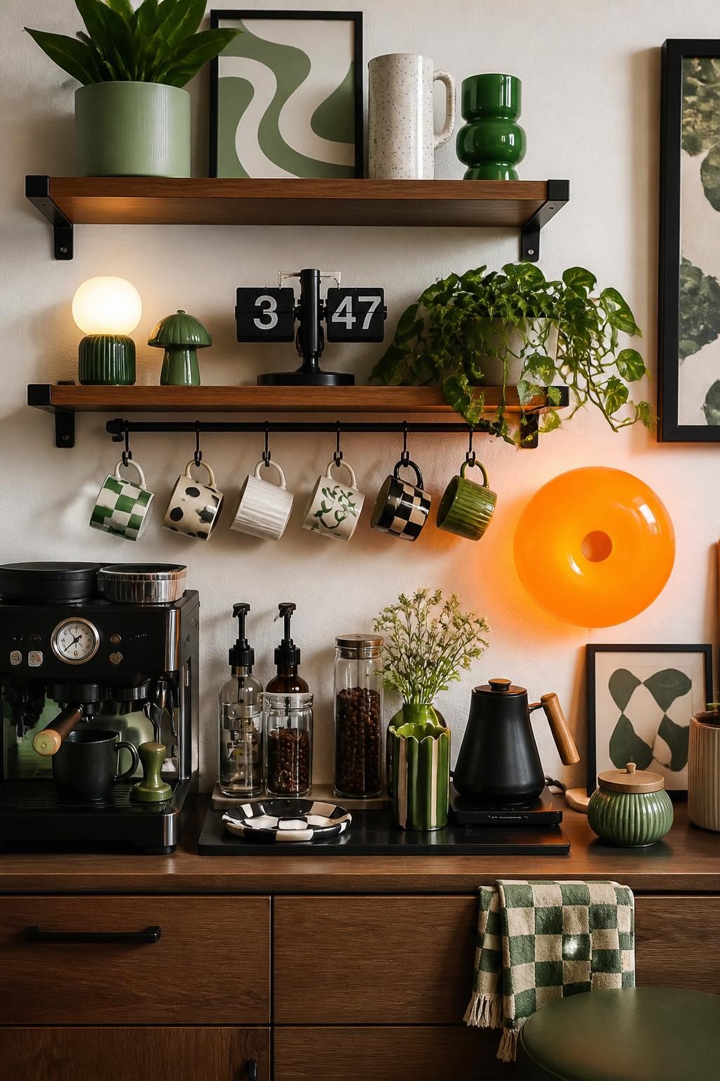 This eclectic coffee corner creates a playful, vintage-inspired space with bold green accents and mid-century flair.