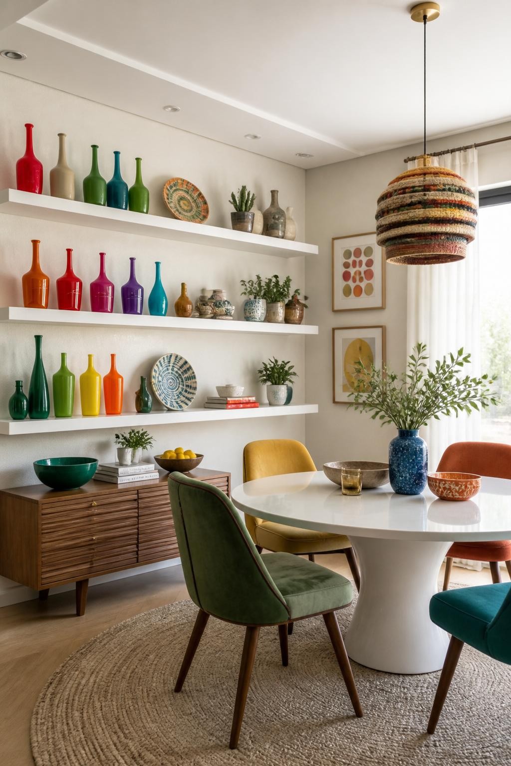A bold and eclectic dining room spotlights crisp white floating shelves used as a gallery for vibrant, rainbow-hued glass bottles and assort.