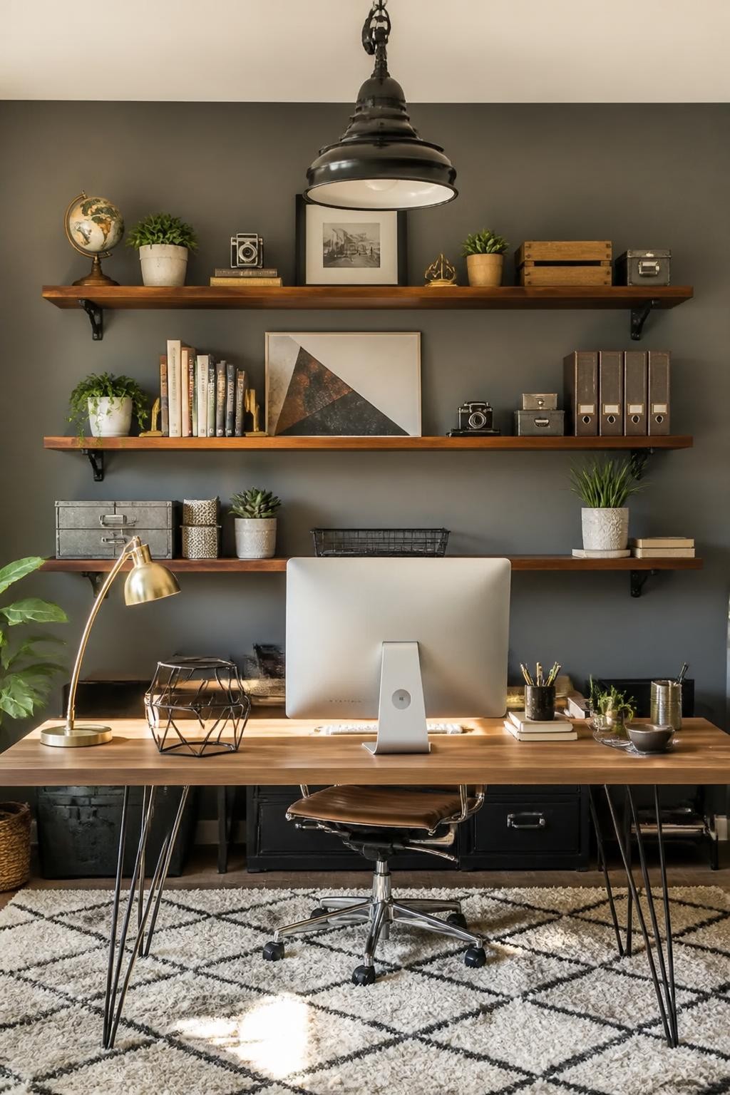 This eclectic workspace stands out with dark painted walls and three floating walnut shelves loaded with quirky collectibles, vintage boxes.