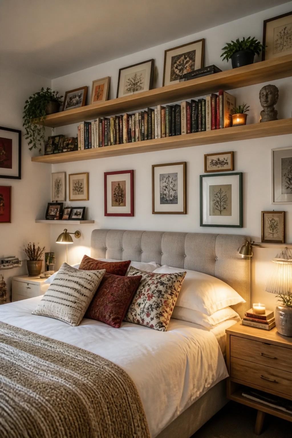 Eclectic bedroom with an expansive floating bookshelf wall above the bed, showcasing books organized upright and stacked alongside framed pr.