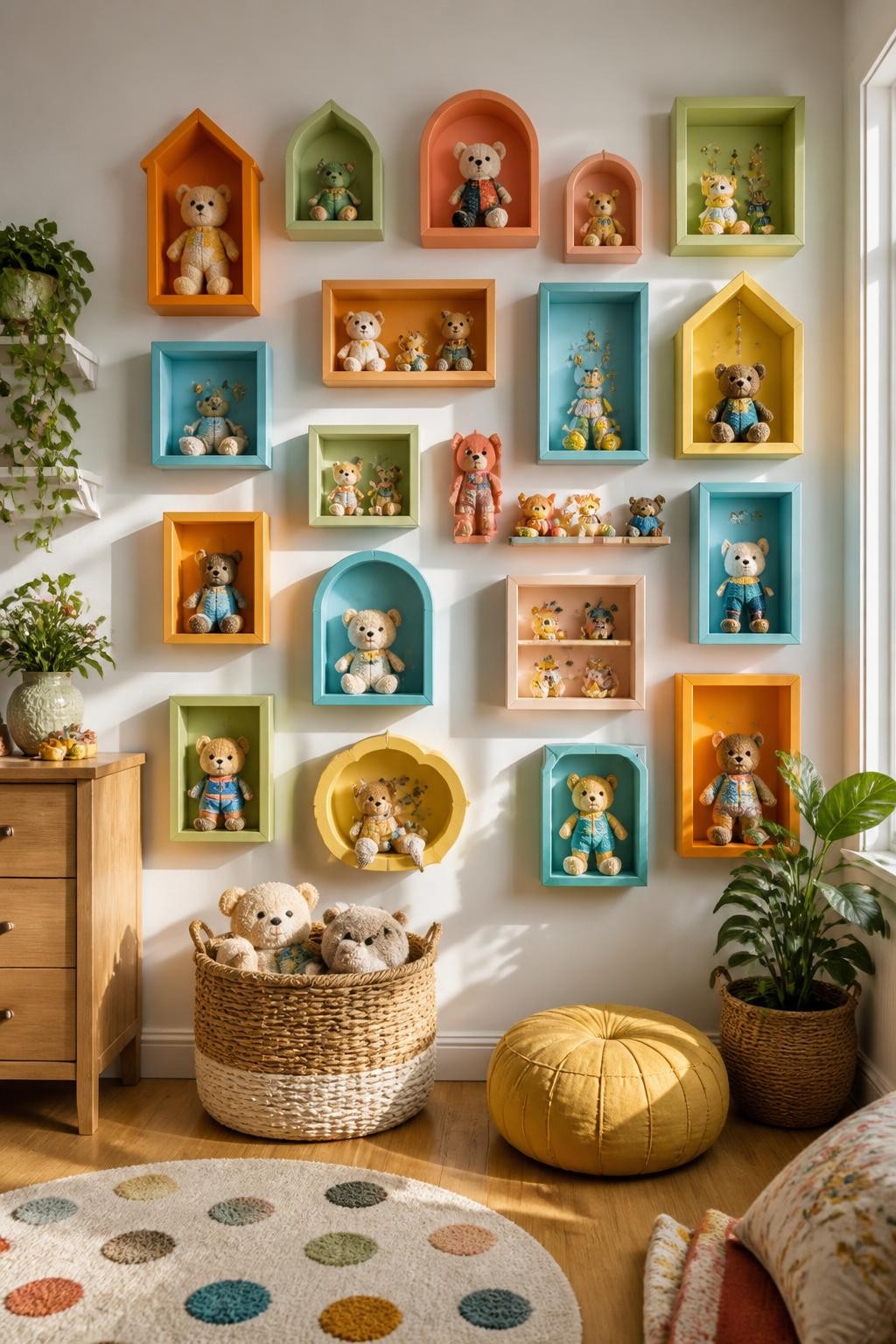 An eclectic wall gallery of floating shadow box shelves in a variety of playful shapes and pastel colors.