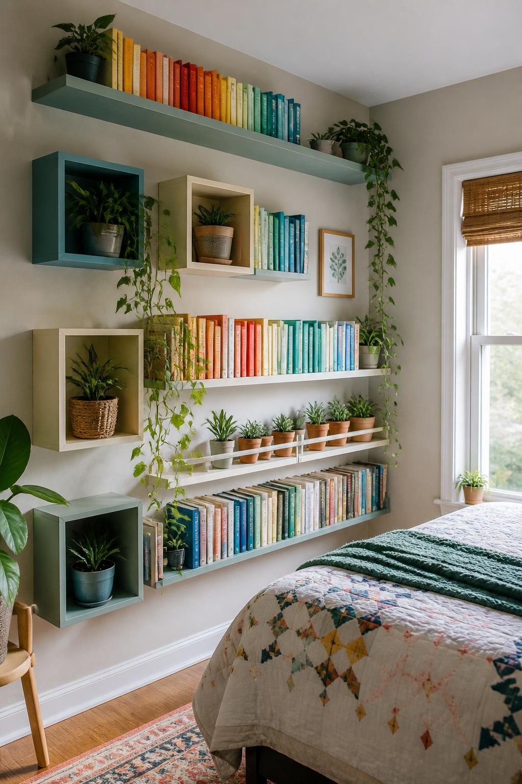 An eclectic bedroom features walls lined with floating shelves and colorful open box cubes in soft greens and creams, perfect for plant love.