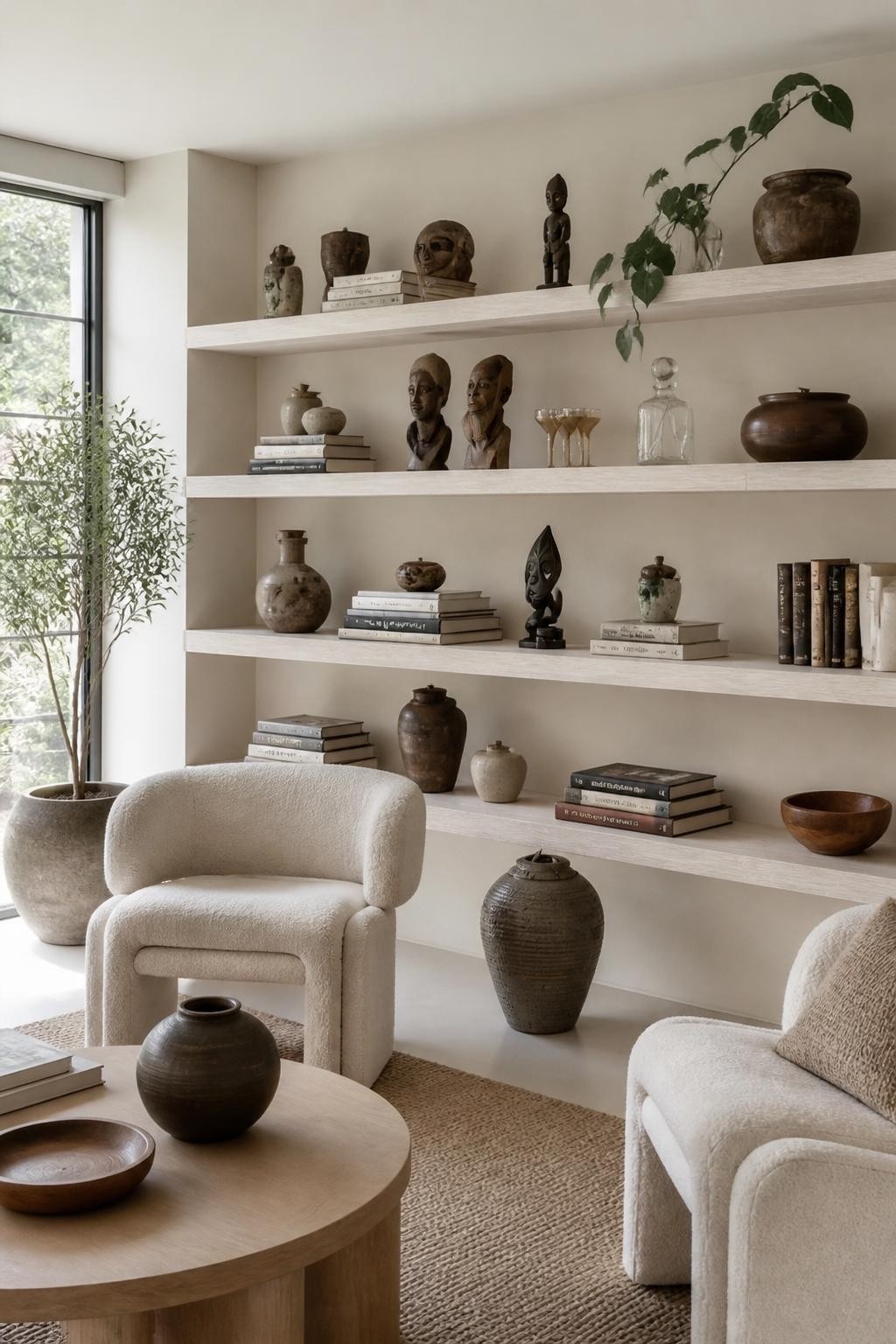 Artistic and eclectic living room styled with whitewashed floating shelves lining an entire wall.