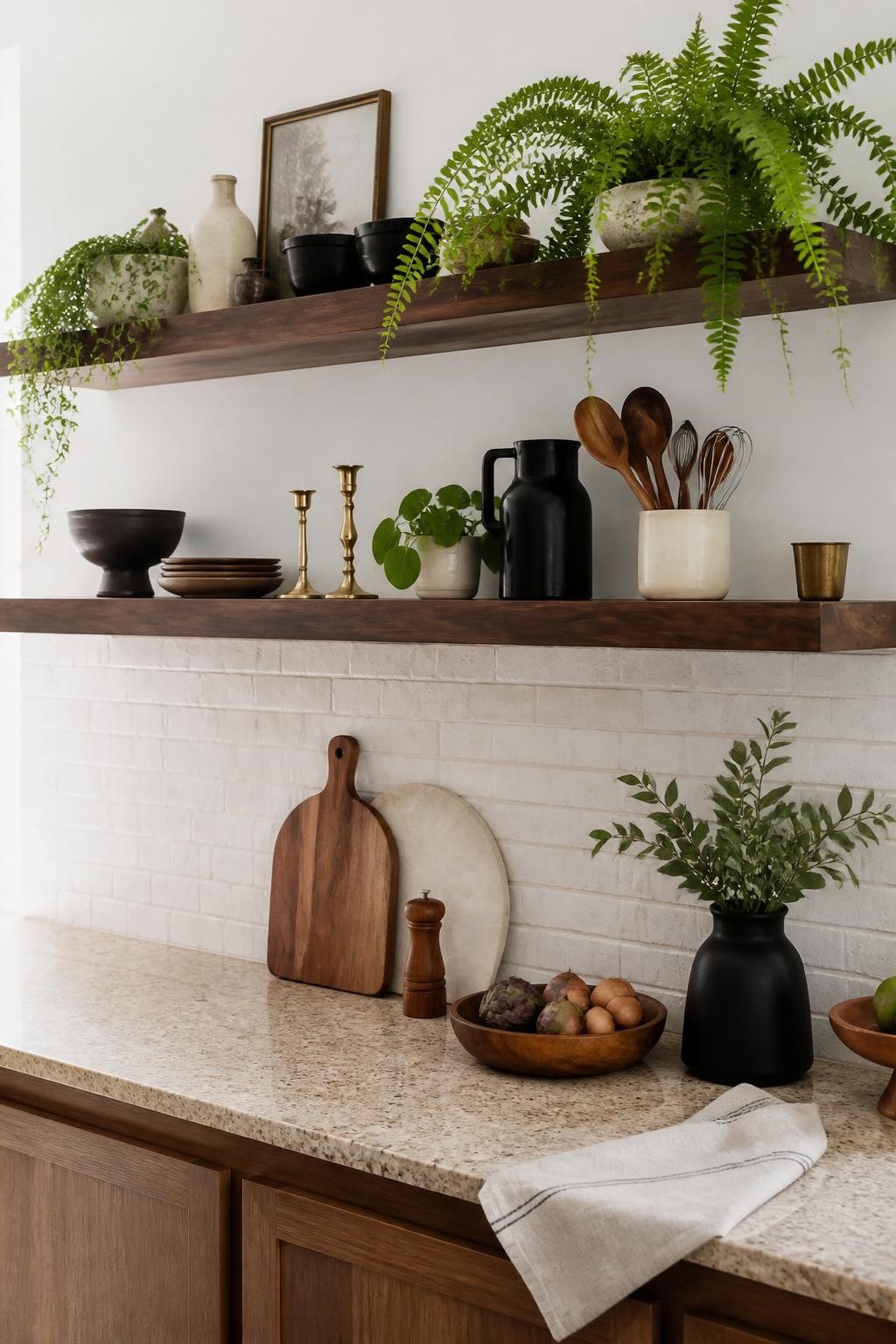 An eclectic kitchen wall comes alive with two broad walnut floating shelves sitting above cream brick tile backsplash.