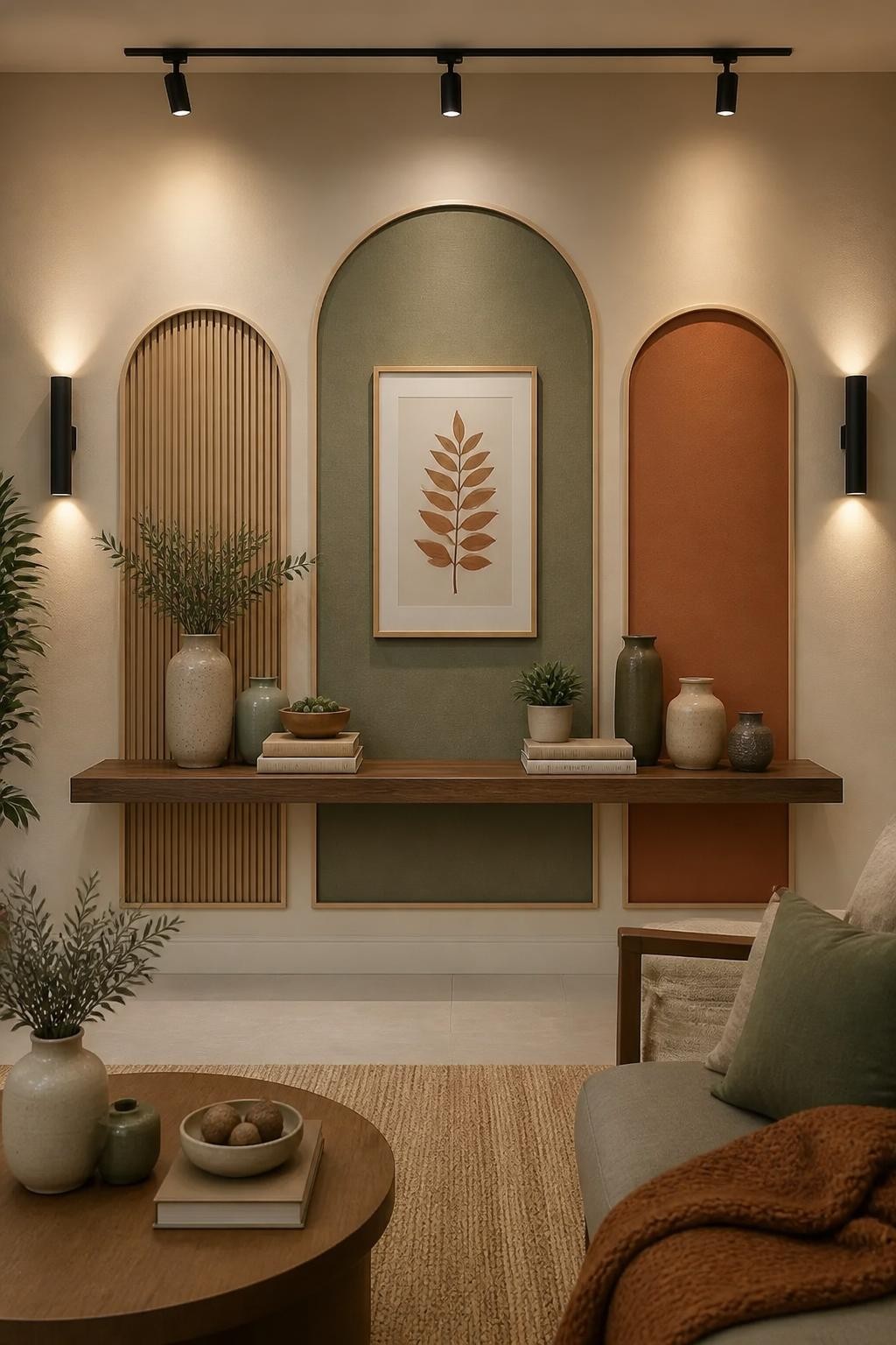 Portray an eclectic and inviting living area accent wall with a wide floating shelf placed across colorful, arched panels in muted green, te.