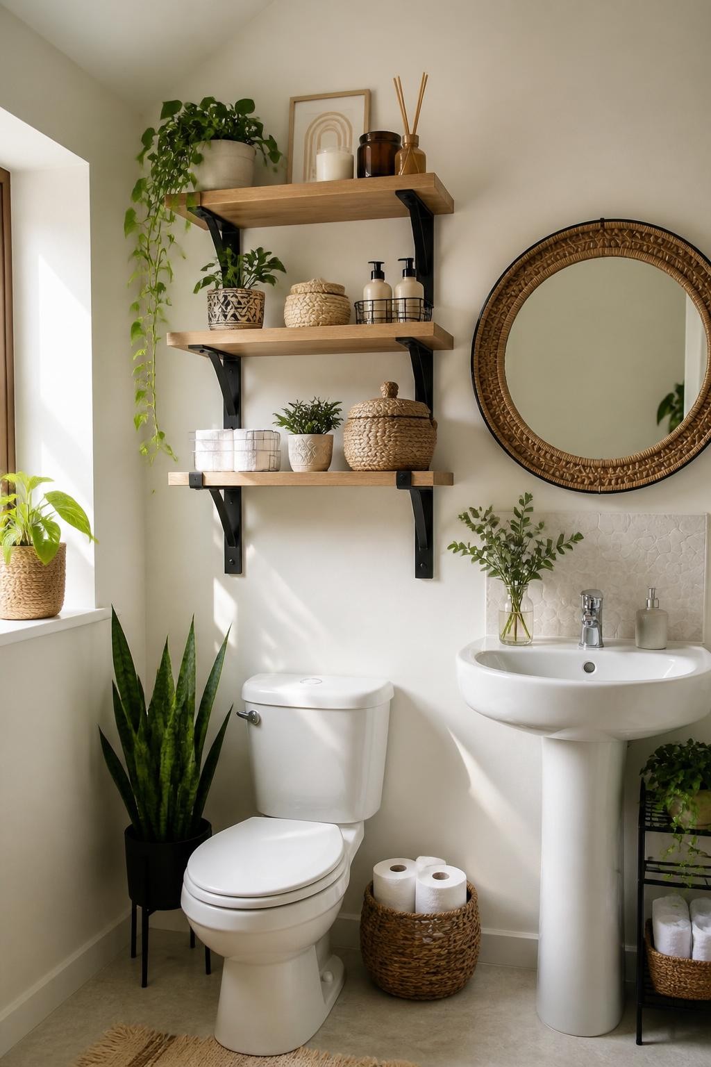 Eclectic boho-chic bathroom with thick wood shelves mounted using sturdy black metal brackets, layered above the toilet and brimming with pl.