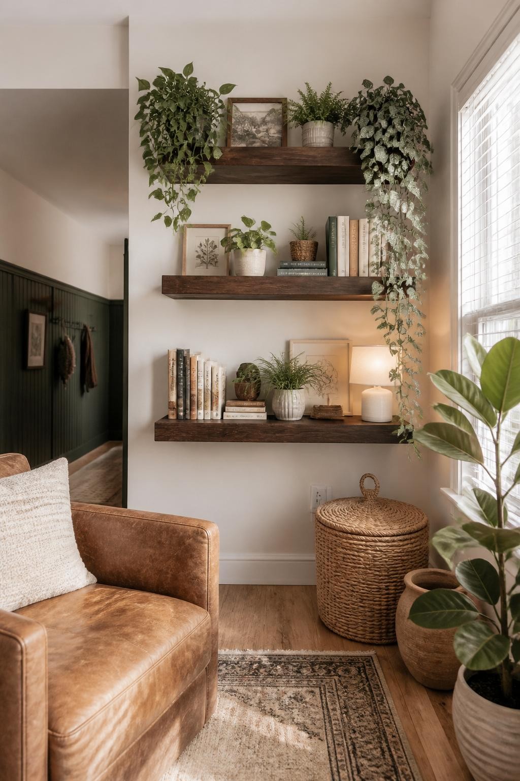 An inviting transitional reading nook showcases thick floating wood shelves artfully stacked with a mix of trailing, upright, and bushy pott.
