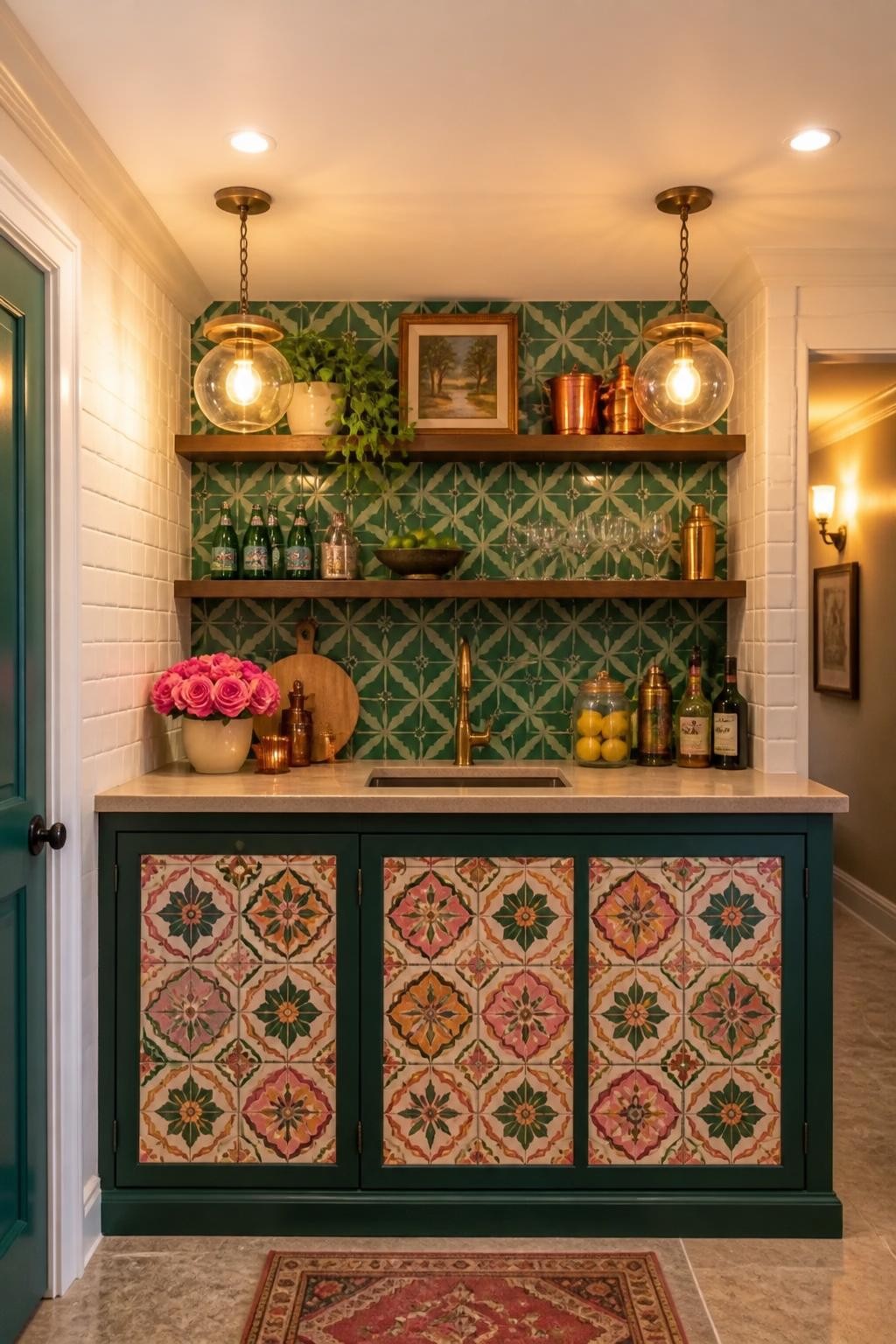 A compact yet vibrant wet bar stuns with colorful patterned tiles across the cabinetry and emerald geometric tiles on the backsplash.