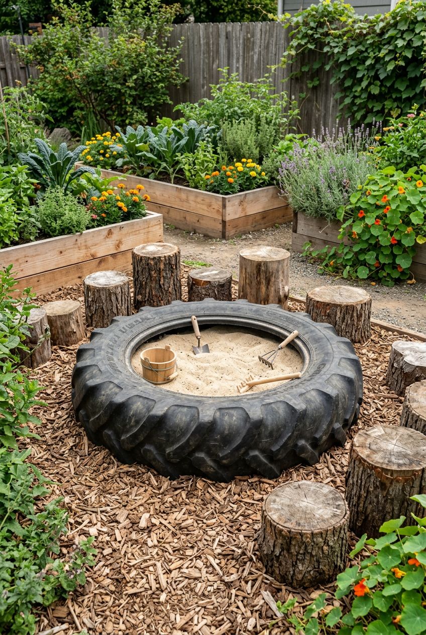 Present an eco-conscious sandbox crafted from a repurposed tire set into a thick bed of natural wood mulch, surrounded by log stumps of vari.
