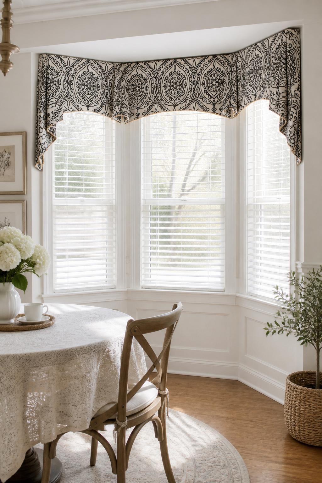 An elegant breakfast nook that features a bay window layout, using tailored valances in a bold, modern black and white medallion print atop.