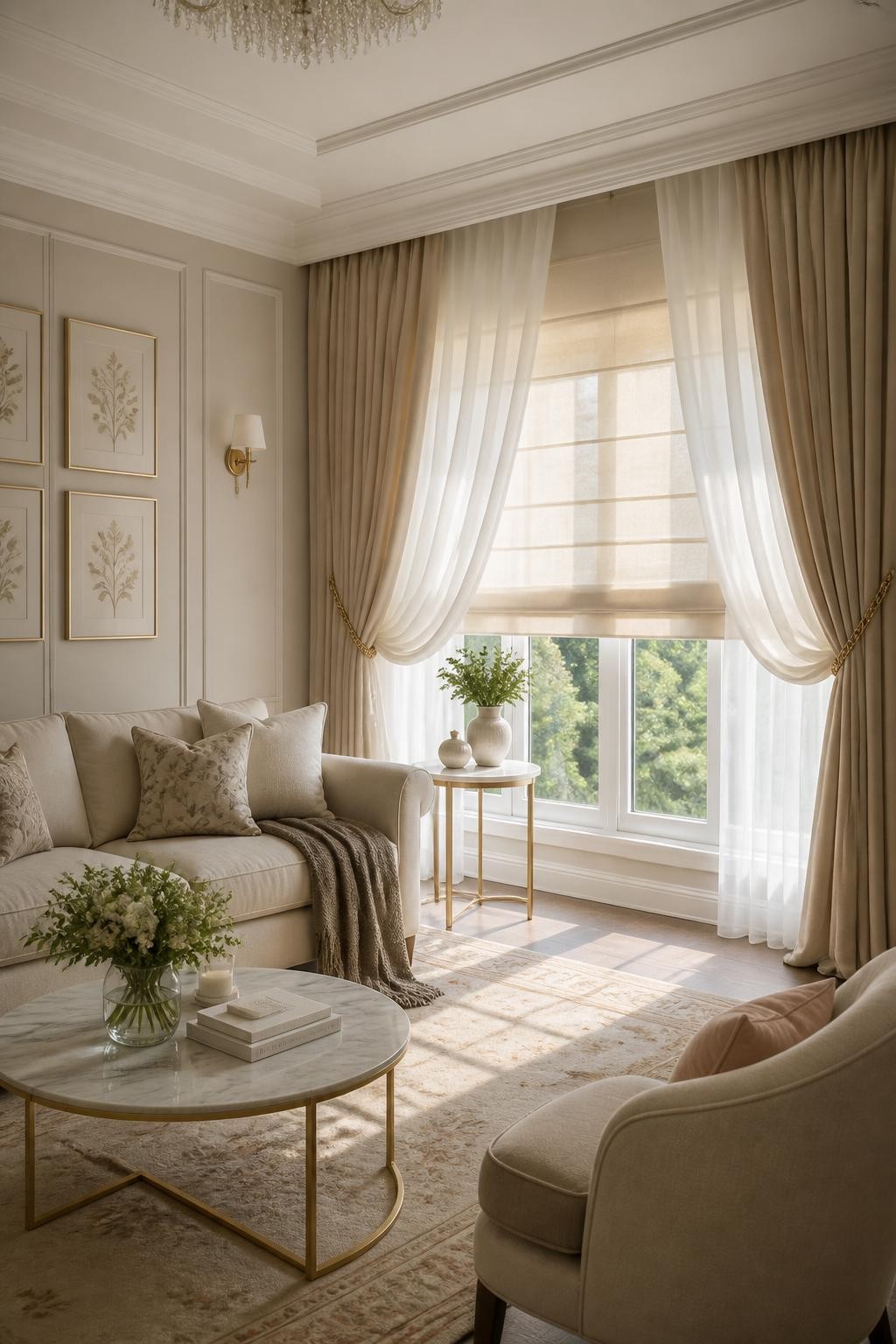 An elegant, classic sitting room features double windows dressed in soft beige Roman shades, layered behind sweeping, tied-back champagne dr.