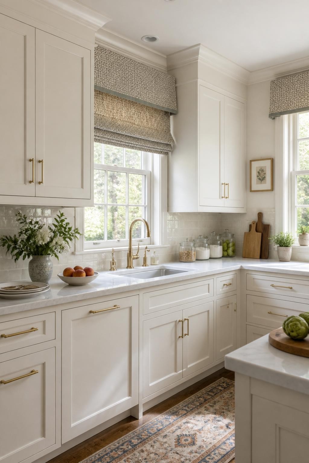 This sunny transitional kitchen showcases a unique approach with double Roman shades, tailored in a subtle two-tone gray print to crown both.