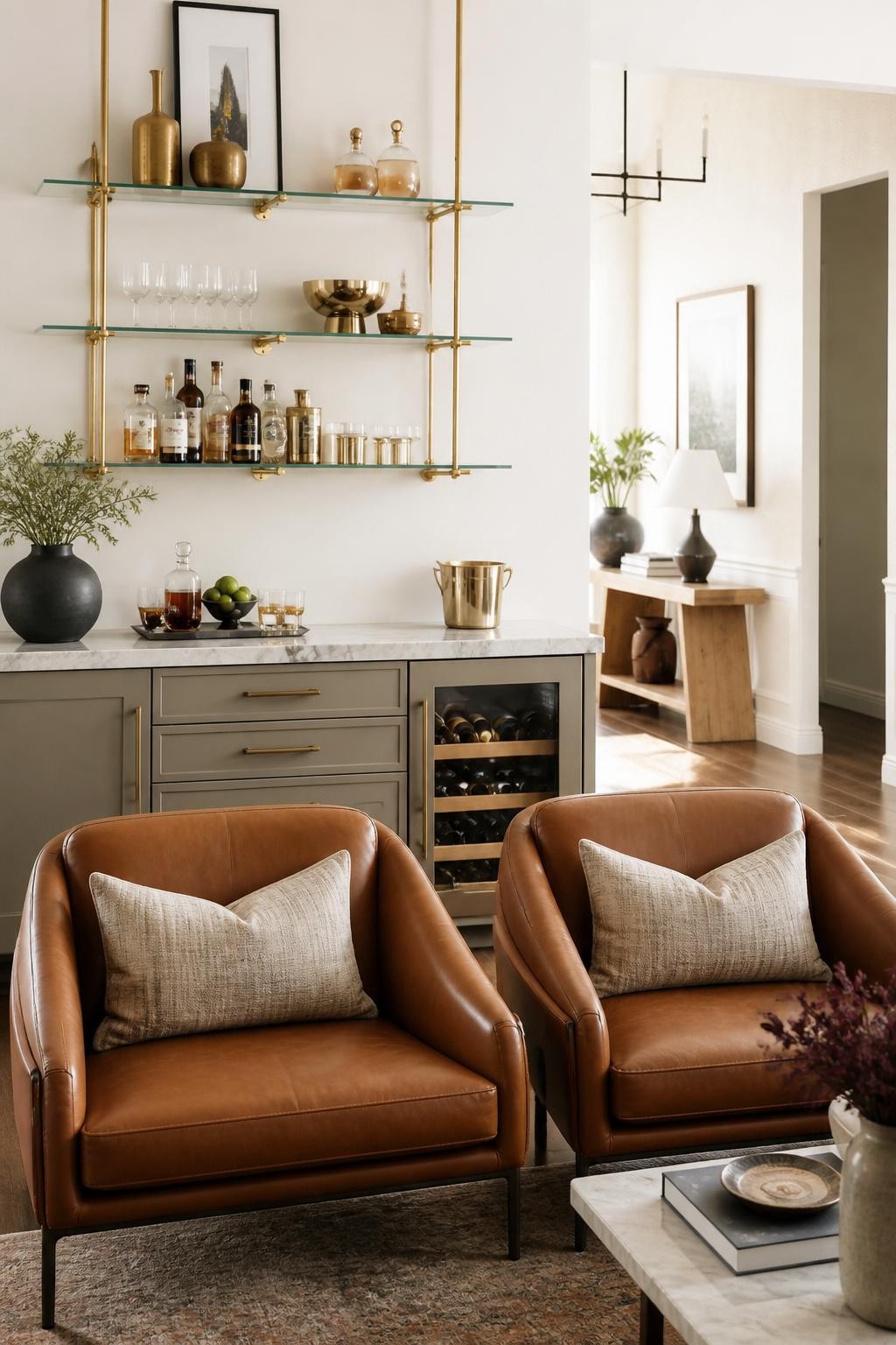 Luxuriate in a sophisticated lounge setting where glass and brass floating shelves hover above a marble countertop, all supported by brushed.