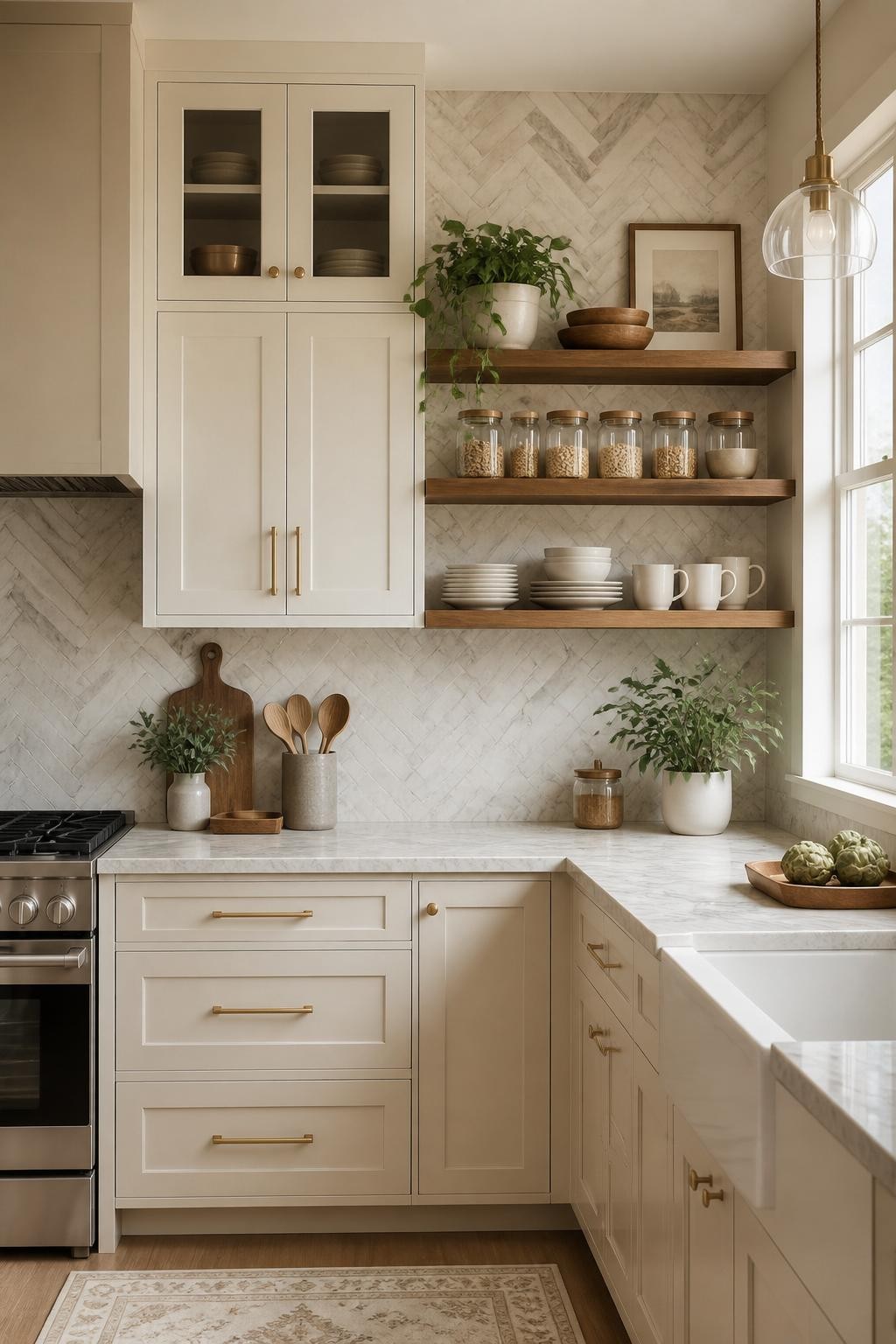 Elegant transitional kitchen corner with rich wood floating shelves set against a gray and white herringbone backsplash, instantly elevating.