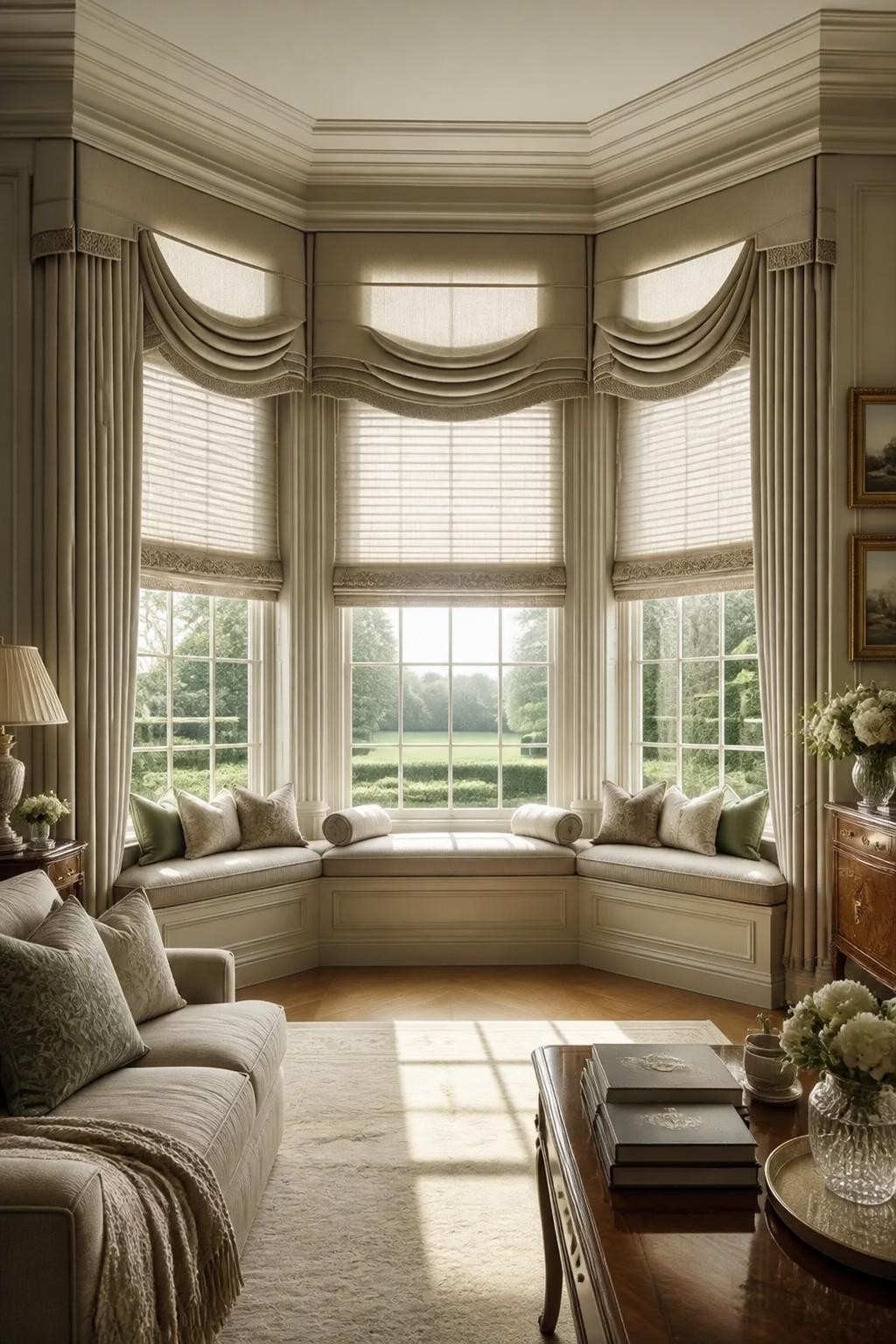 A stately classic bay window scene in a grand living room, featuring elegant layered window treatments with tailored pleated drapes, ornate.