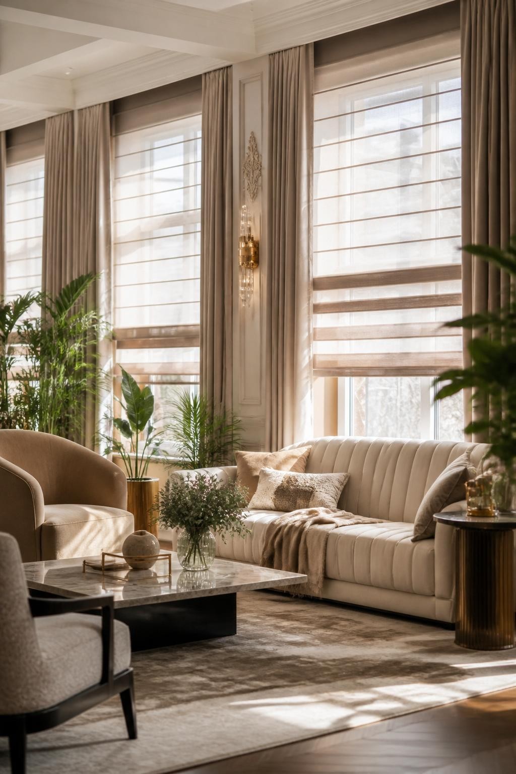 An elegant light-filled living room with double-layered sheer blinds that provide visual depth to large windows.
