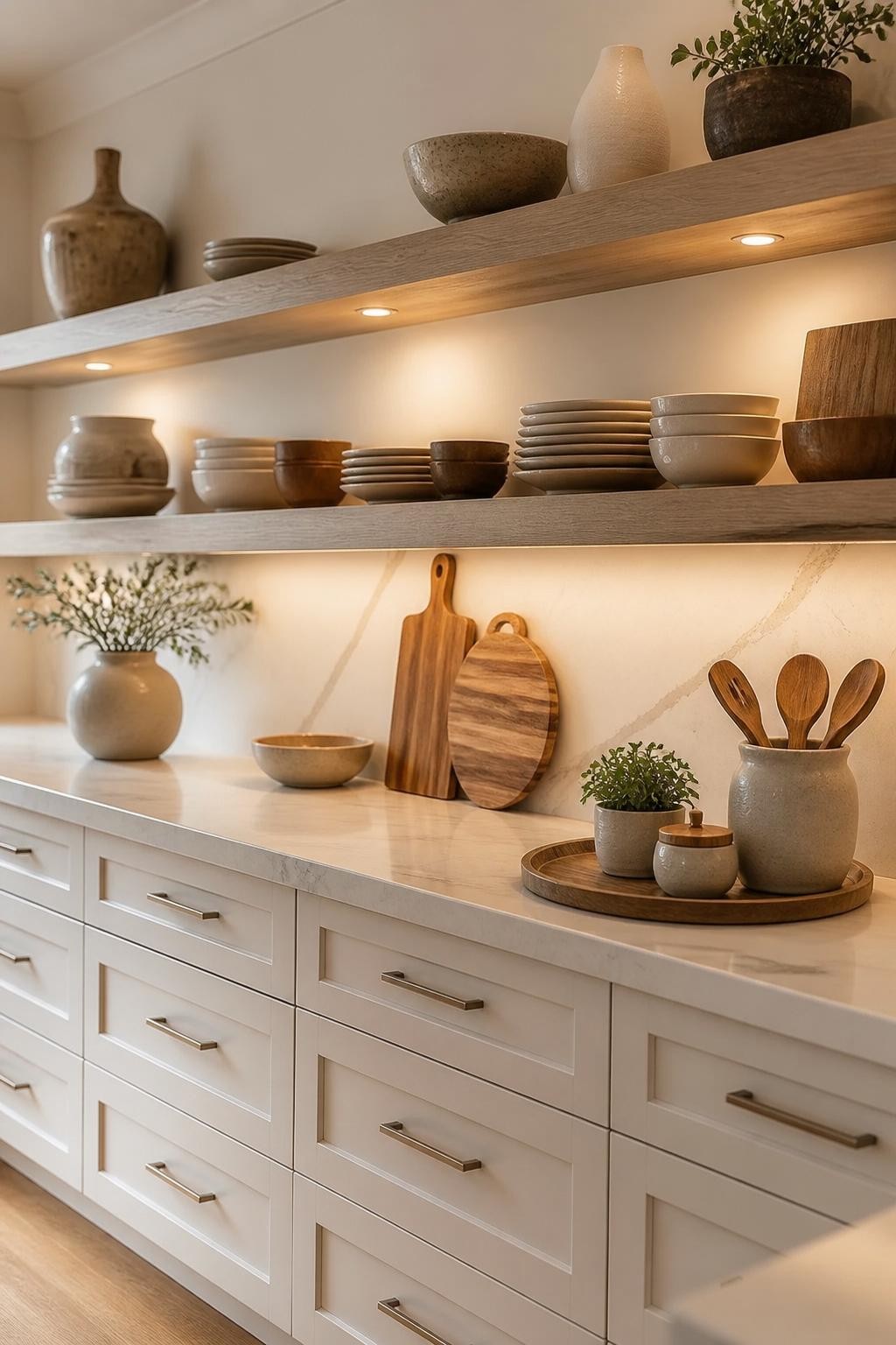 Elegant, minimalist kitchen with creamy white shaker cabinets and thick, softly grained white oak floating shelves integrated with subtle un.