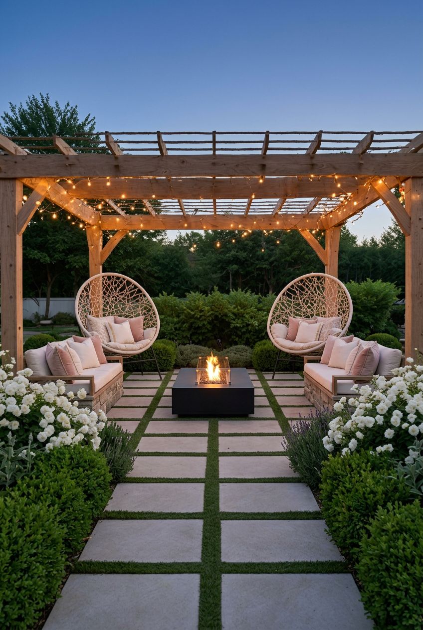 Highlight an elegant pergola retreat with crisp wood beams and a symmetrical open design, featuring two white resin rattan hanging chairs an.