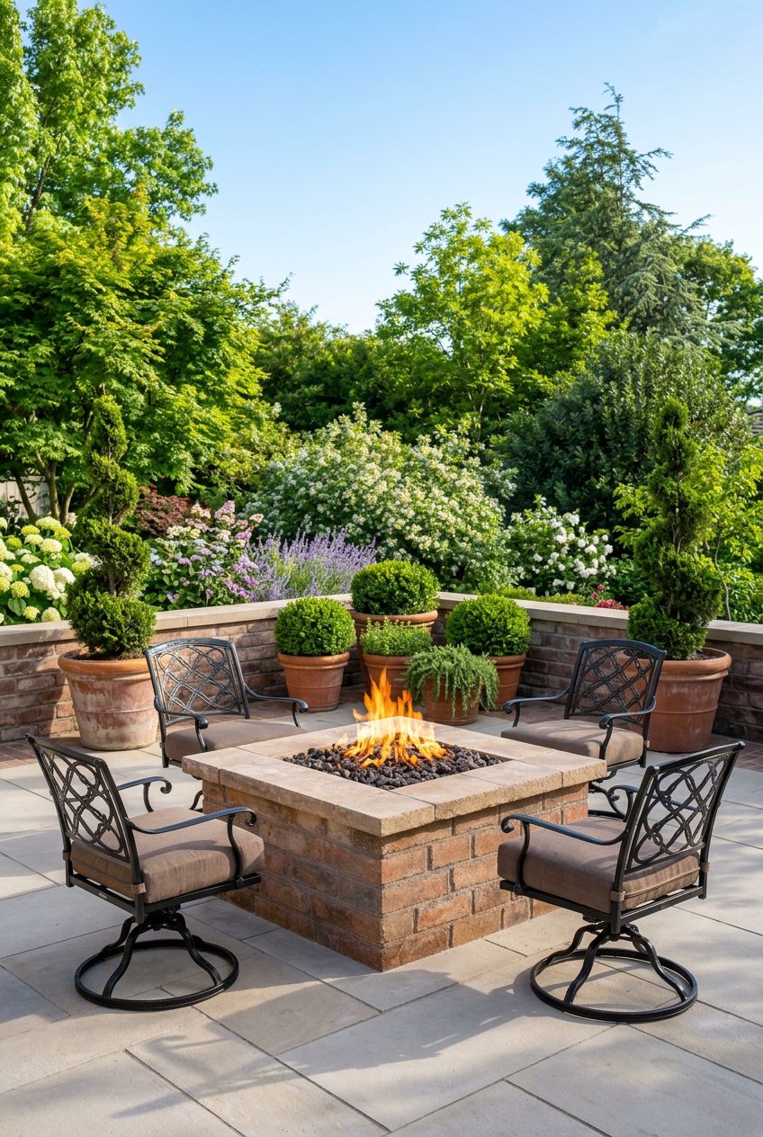 Showcase a square brick fire pit with a broad stone cap in a formal, elegant patio setting.