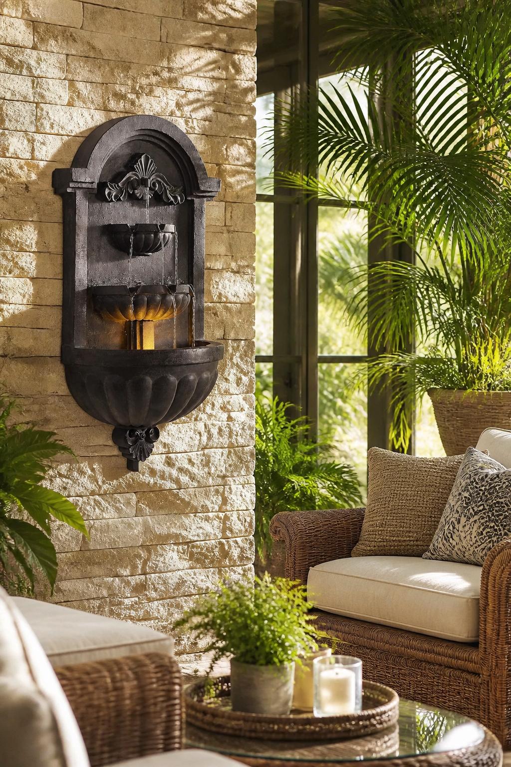 Use the uploaded Kenroy Home San Pablo Wall Fountain exactly as the reference product, maintaining its ornate arched stone form, tiered bowl.
