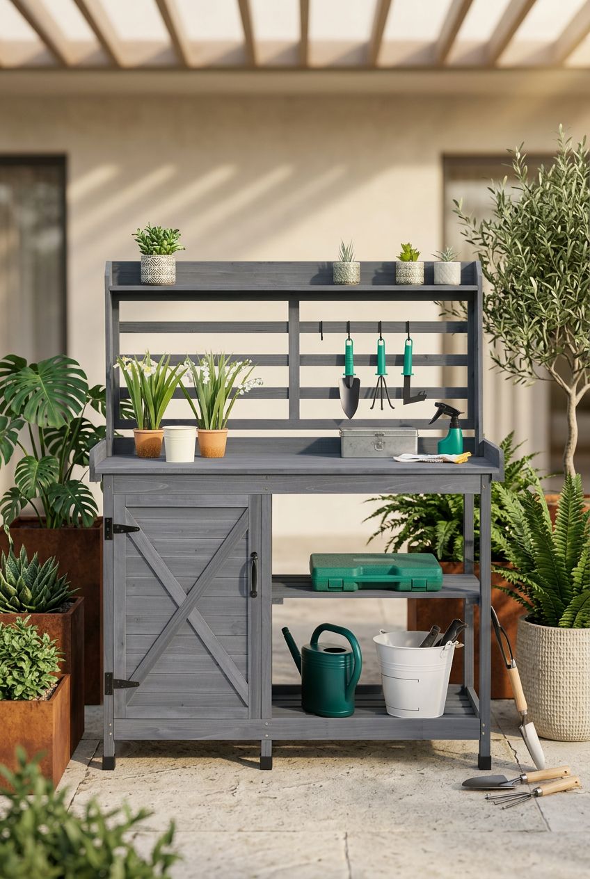 Use the uploaded Yaheetech Outdoor Potting Bench exactly as the reference product, keeping its cool-toned gray color, barn-style cabinet, sl.