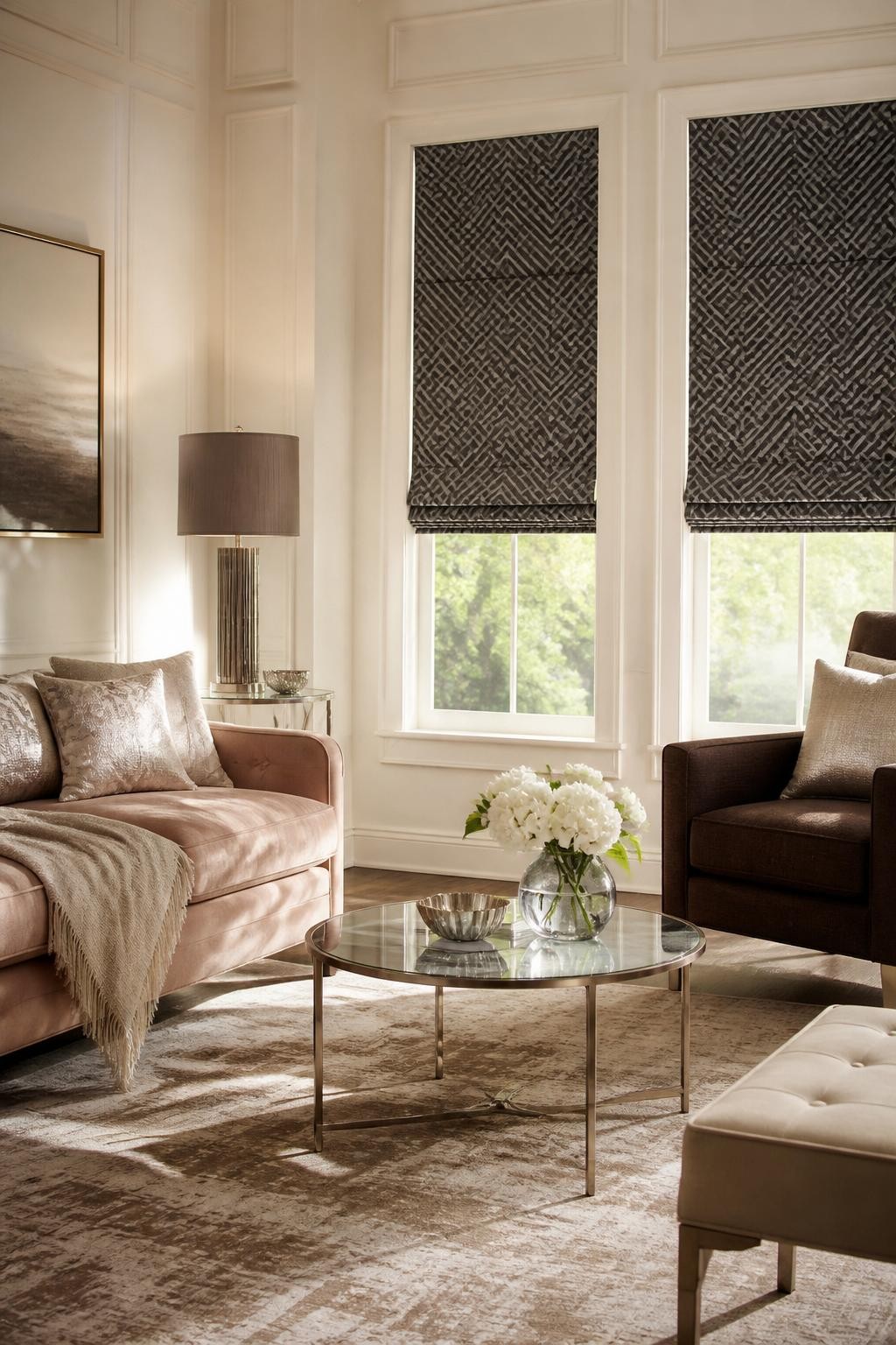 A refined, elegant living room with classic panel molding on creamy white walls and dark, geometric roman blinds as a dramatic window treatm.