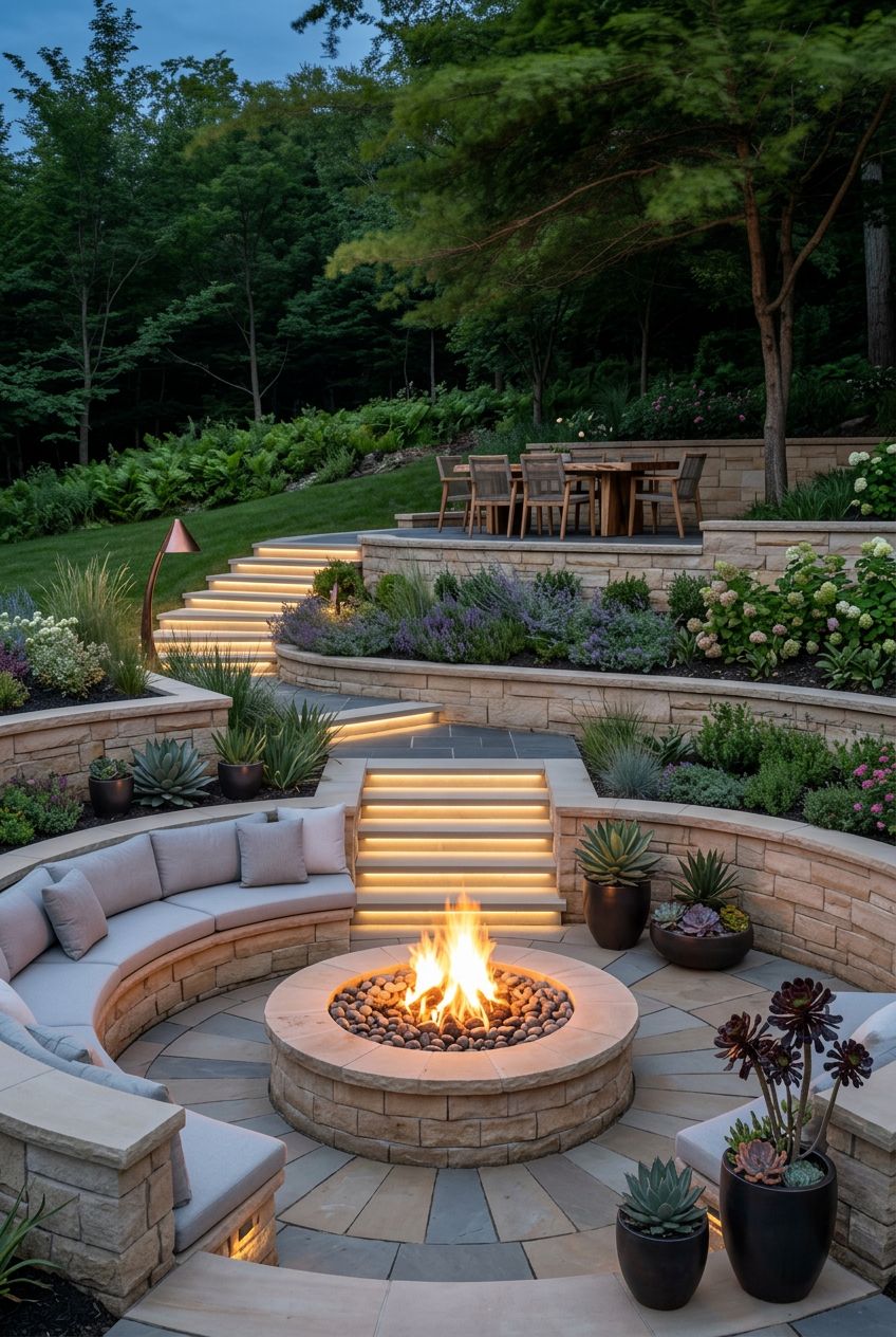 Present a modern, tiered backyard landscape with clean lines, featuring a circular brick fire pit as the focal point on the lowest level, su.