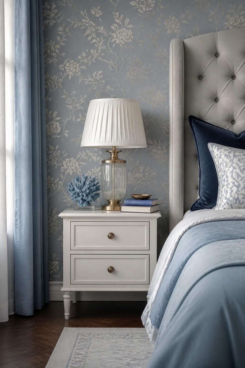 An elegant transitional bedroom with pale silver-blue floral wallpaper as the backdrop for a tall, tufted headboard.