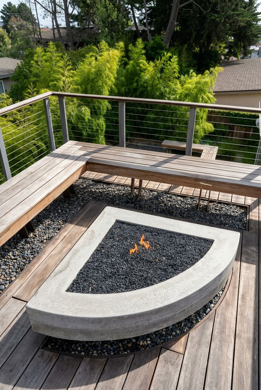 Depict an elevated deck corner with clean-lined wooden benches and a semi-circle concrete fire pit set on pebbled flooring.