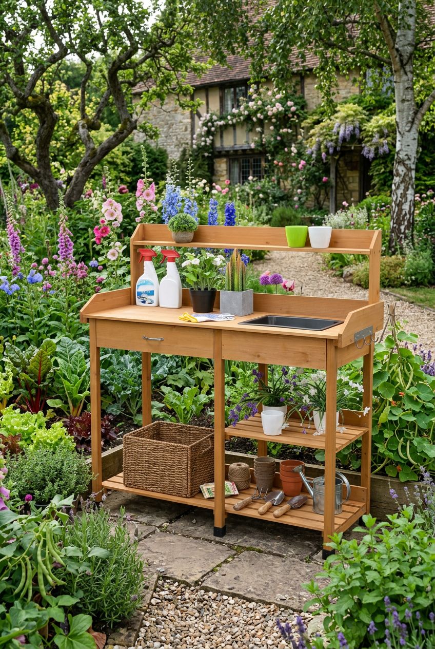 Use the uploaded Yaheetech Potting Bench exactly as the reference product, matching the honey wood color, slatted shelving, elevated display.