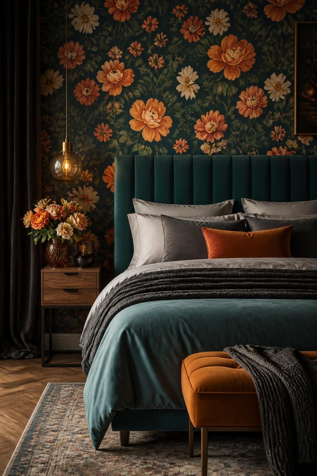 A luxurious bedroom featuring a bold, dark floral wallpaper in vibrant orange tones set against deep teal, creating a lush, dramatic backdro.