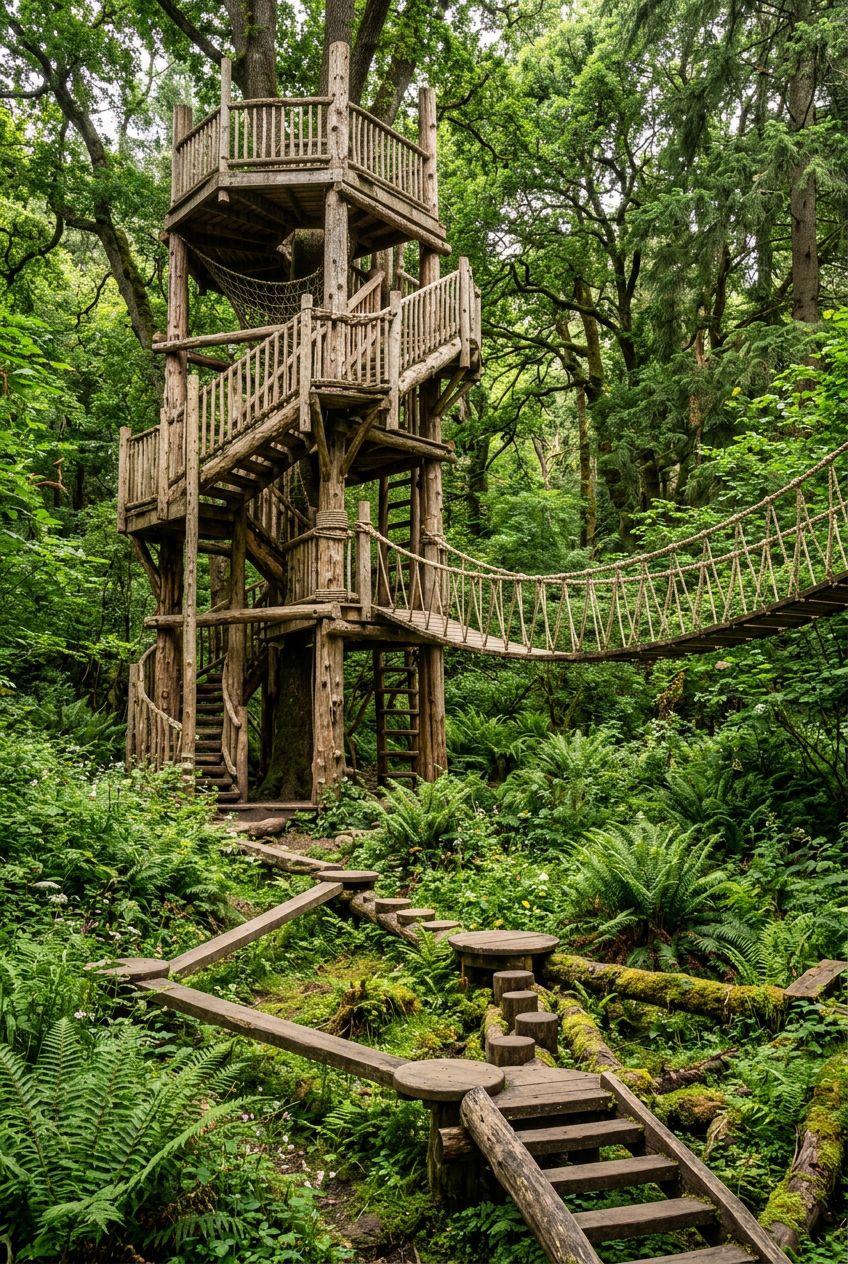 Showcase an enchanting exploration structure with a tall, multi-level log climbing tower and an airy rope bridge, encircled by flourishing f.